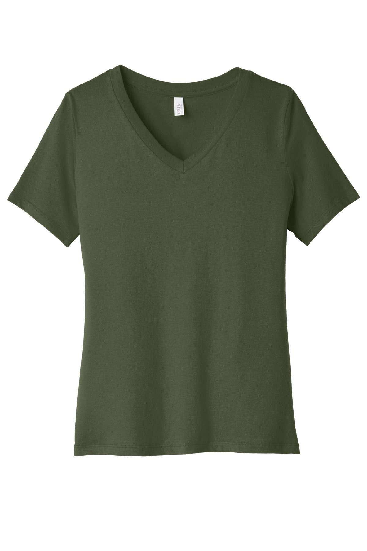 Custom Military Green Women's Relaxed Jersey V-Neck Tee BC6405, personalized by SanCanDo Swag in Argyle, TX