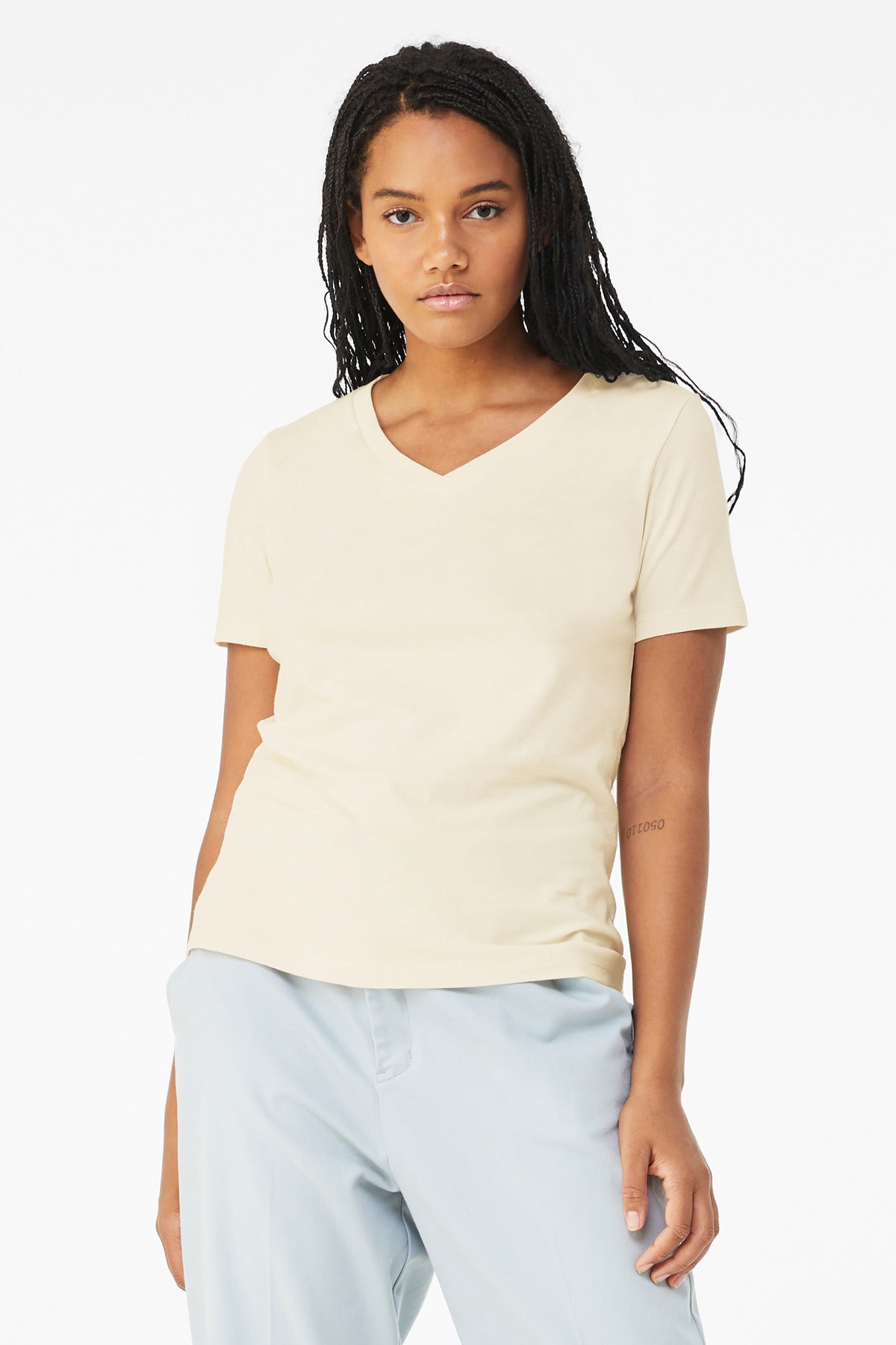 Custom Natural Women's Relaxed Jersey V-Neck Tee BC6405, personalized by SanCanDo Swag in Argyle, TX
