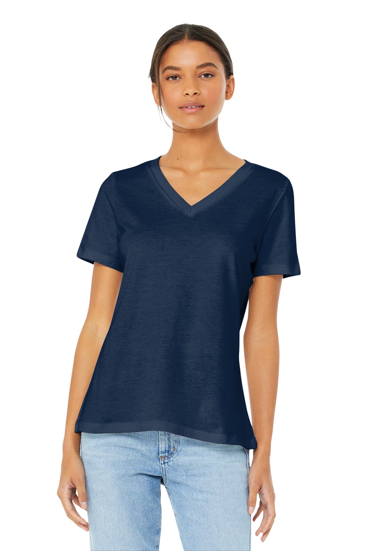 Custom Navy Women's Relaxed Jersey V-Neck Tee BC6405, personalized by SanCanDo Swag in Argyle, TX