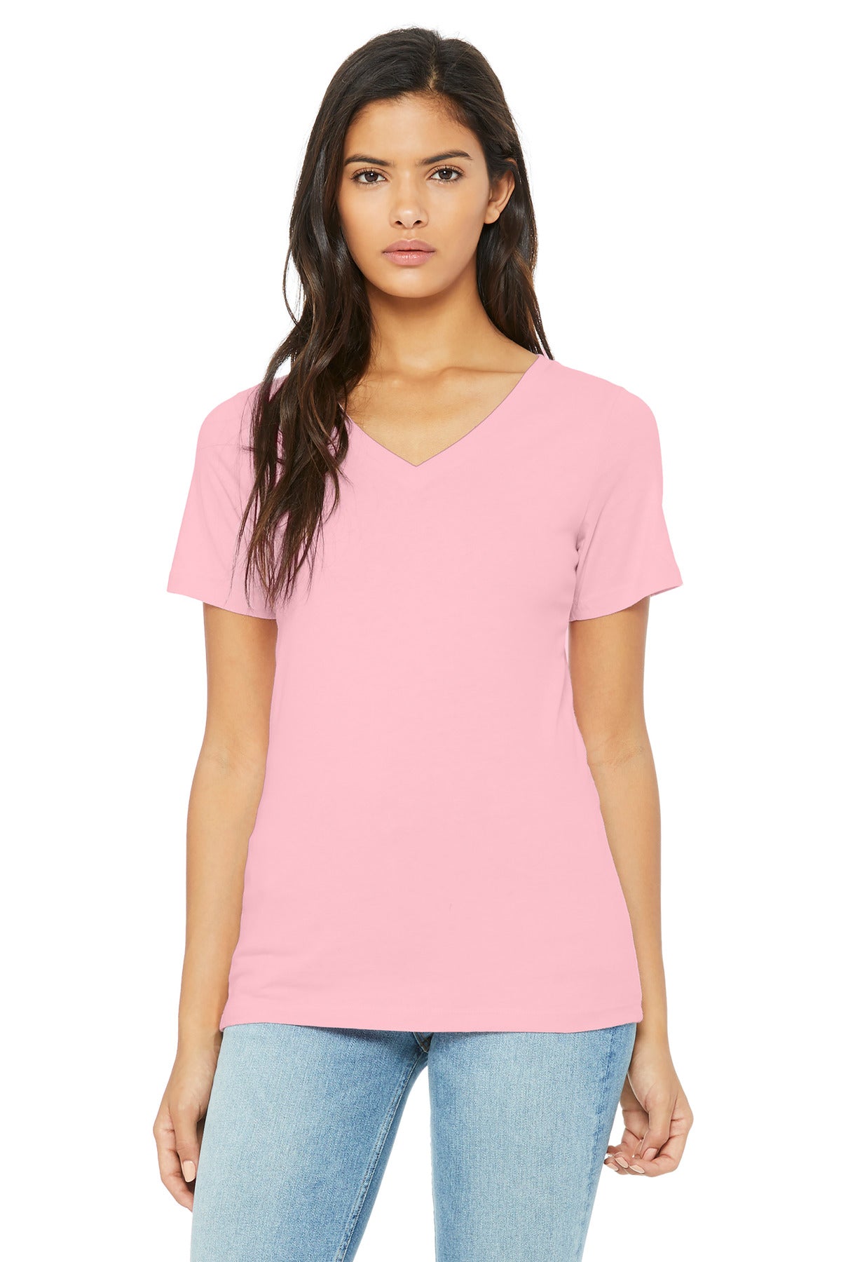 Custom Pink Women's Relaxed Jersey V-Neck Tee BC6405, personalized by SanCanDo Swag in Argyle, TX