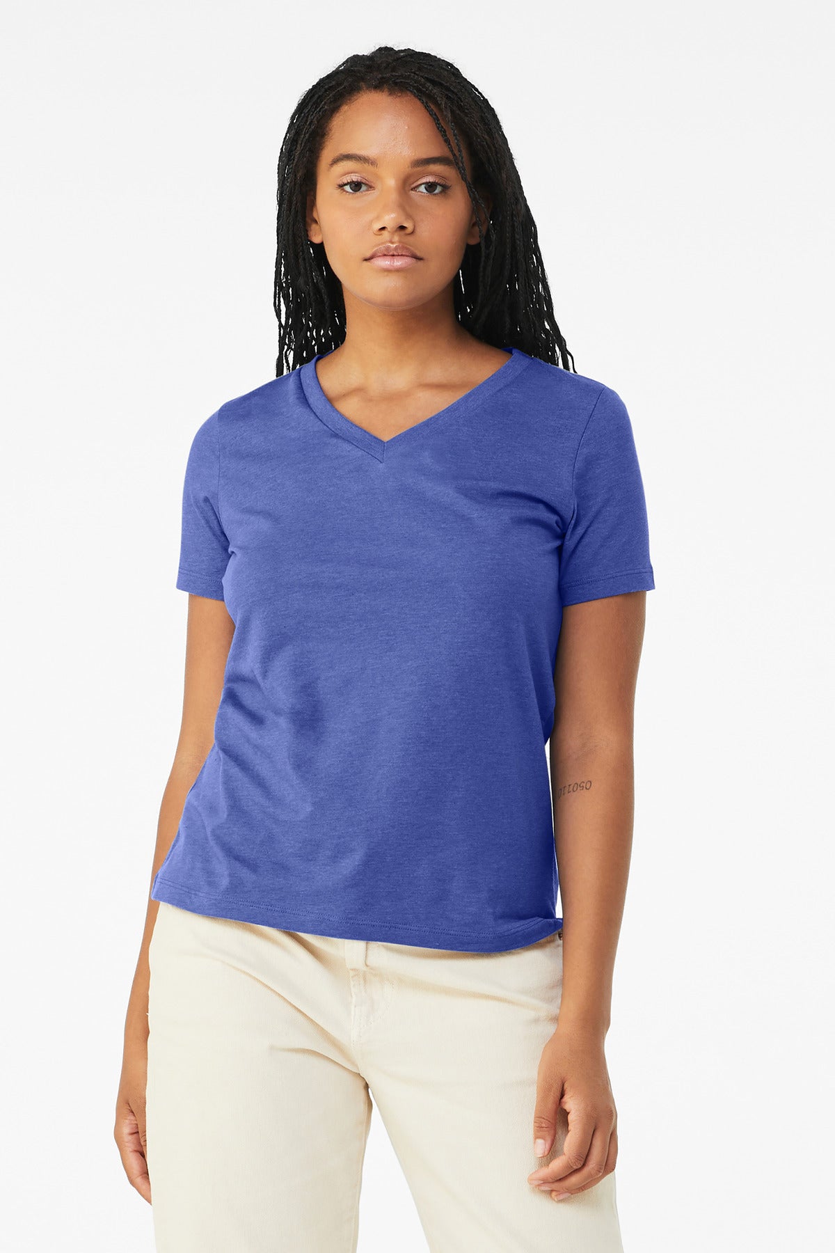 Custom Heather True Royal Women's Relaxed Heather CVC V-Neck Tee BC6405CVC, personalized by SanCanDo Swag in Argyle, TX