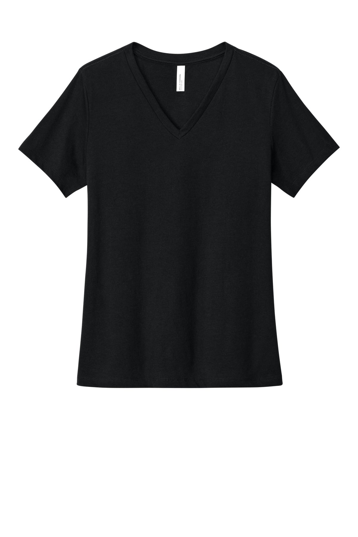 Custom Solid Black Blend Women's Relaxed Heather CVC V-Neck Tee BC6405CVC, personalized by SanCanDo Swag in Argyle, TX