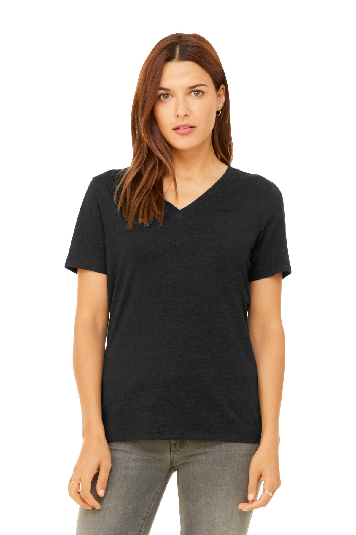 Custom Black Heather Women's Relaxed Heather CVC V-Neck Tee BC6405CVC, personalized by SanCanDo Swag in Argyle, TX