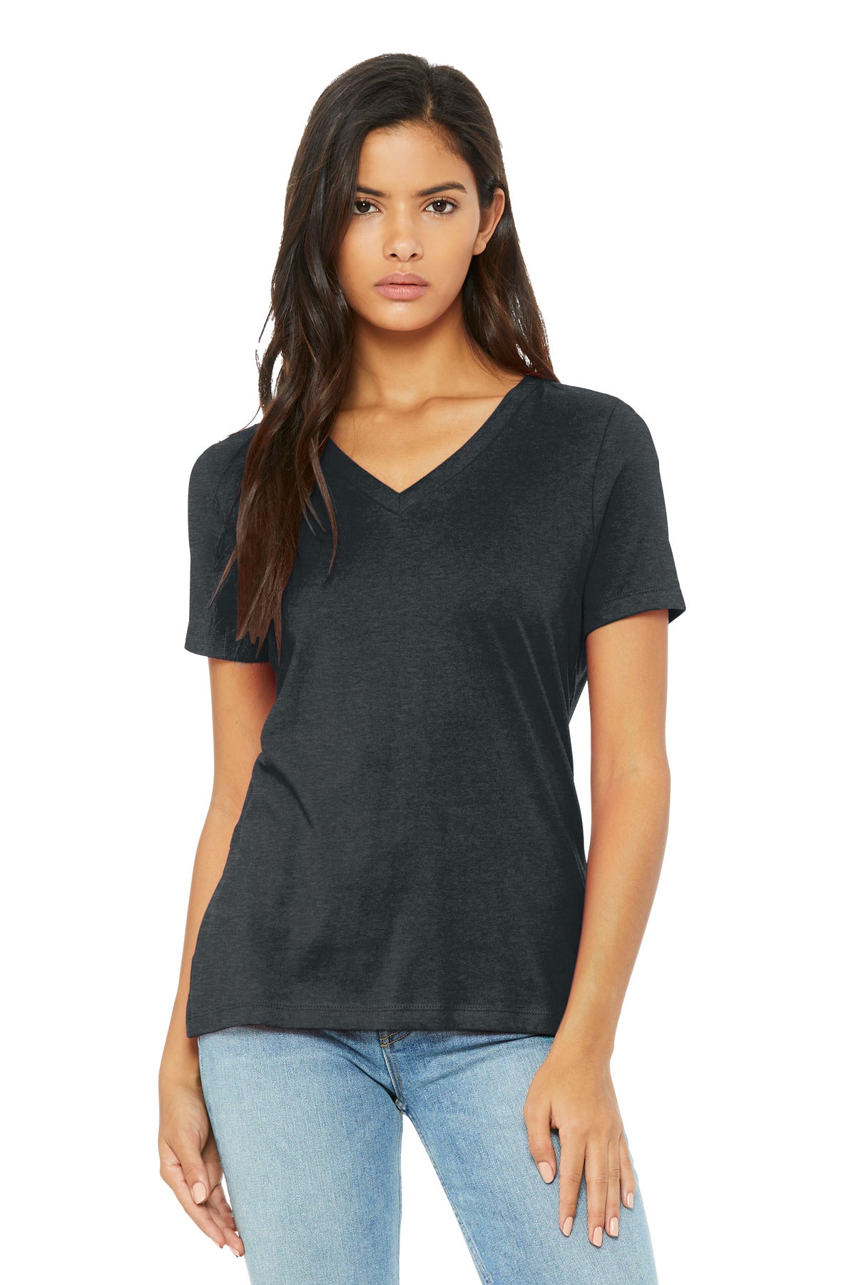 Custom Dark Grey Heather Women's Relaxed Heather CVC V-Neck Tee BC6405CVC, personalized by SanCanDo Swag in Argyle, TX