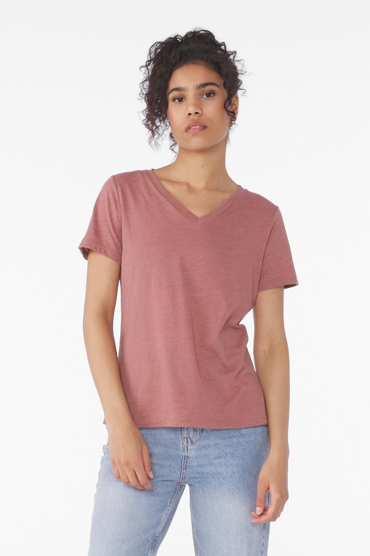 Custom Heather Mauve Women's Relaxed Heather CVC V-Neck Tee BC6405CVC, personalized by SanCanDo Swag in Argyle, TX