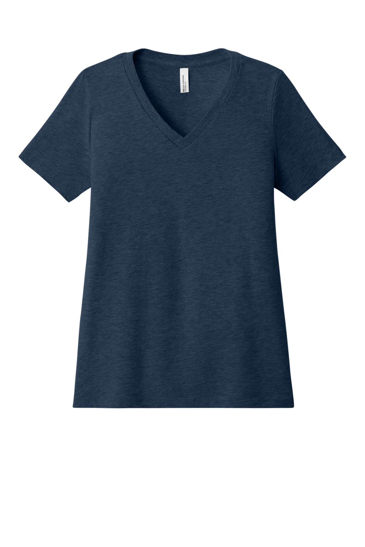 Custom Heather Navy Women's Relaxed Heather CVC V-Neck Tee BC6405CVC, personalized by SanCanDo Swag in Argyle, TX