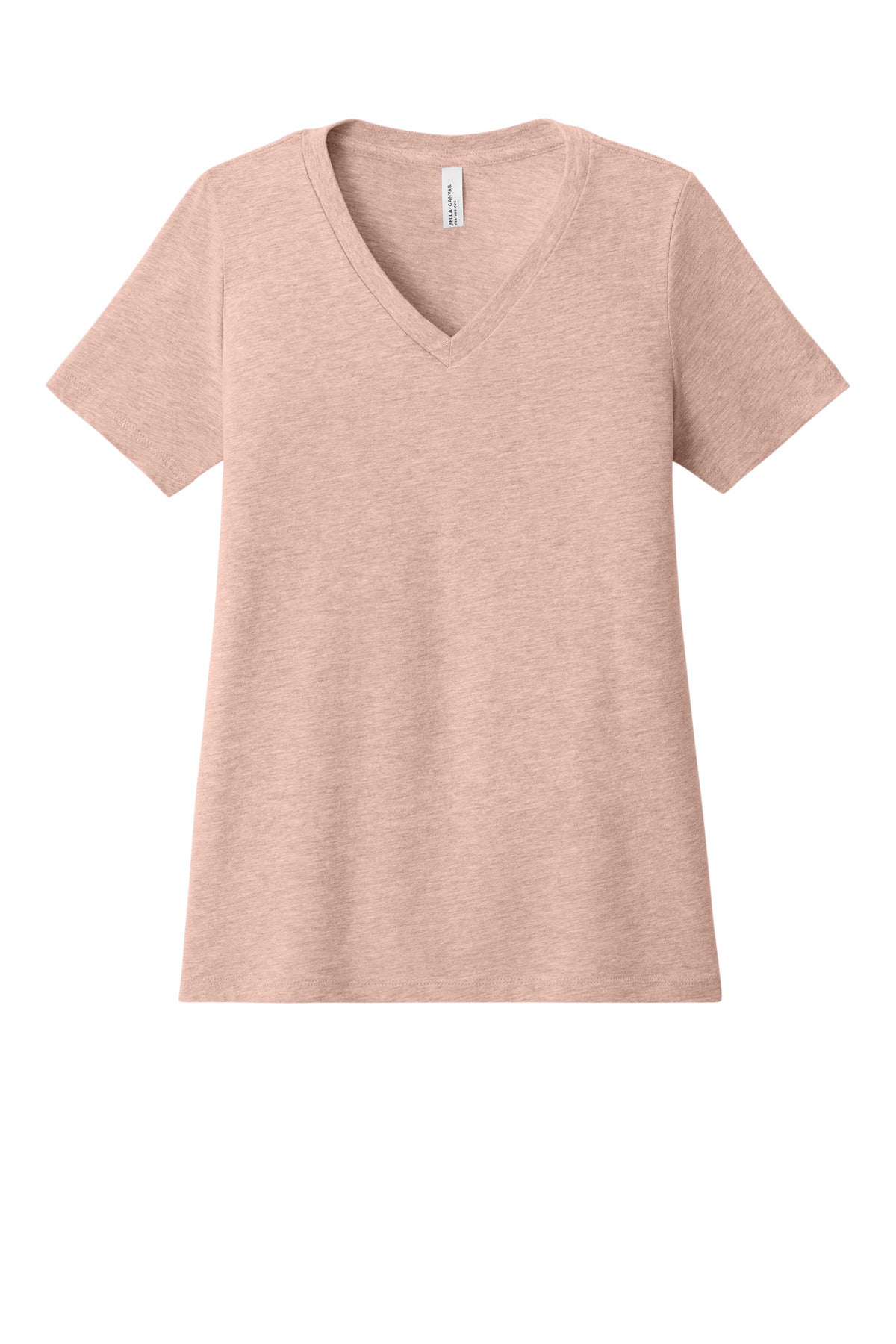 Custom Heather Peach Women's Relaxed Heather CVC V-Neck Tee BC6405CVC, personalized by SanCanDo Swag in Argyle, TX