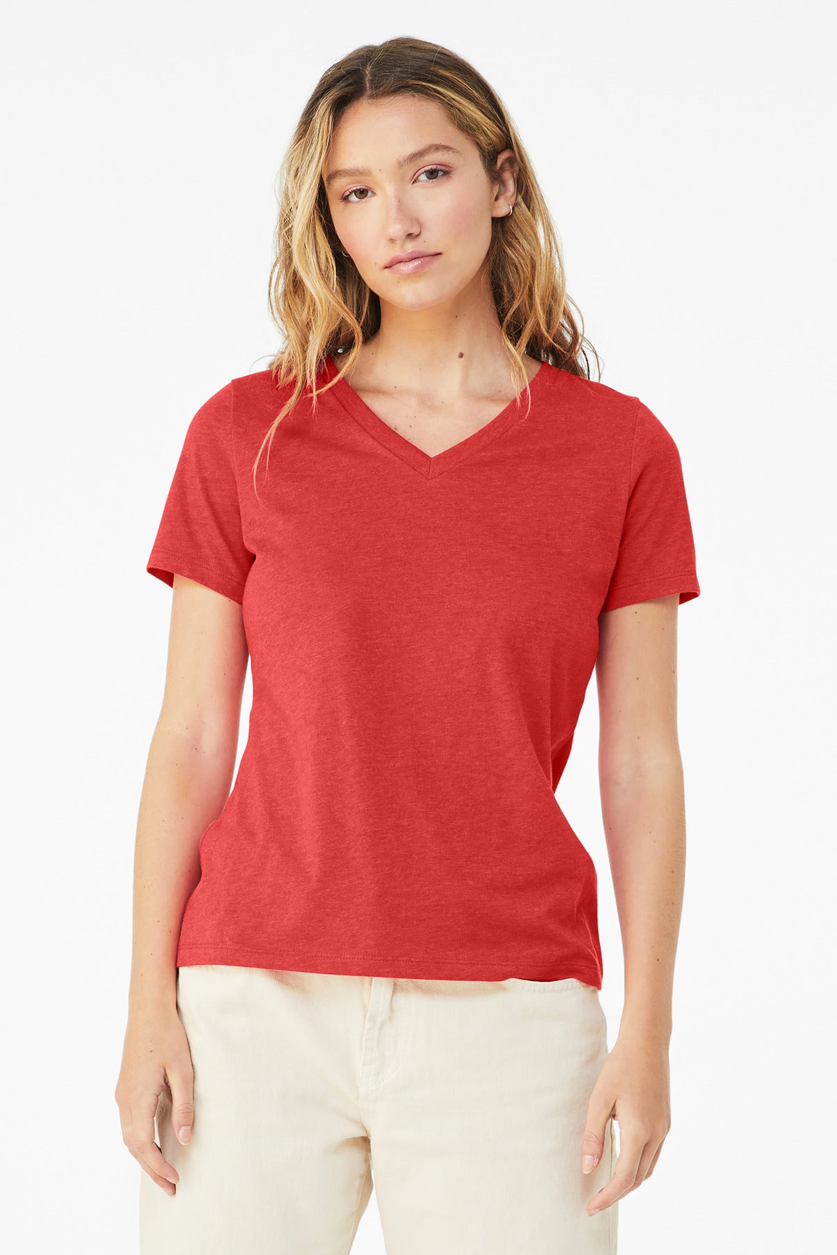Custom Heather Red Women's Relaxed Heather CVC V-Neck Tee BC6405CVC, personalized by SanCanDo Swag in Argyle, TX