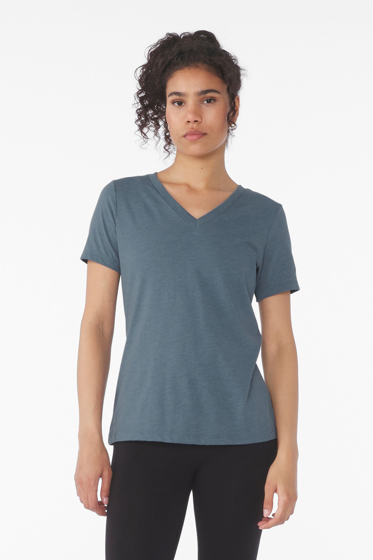 Custom Heather Slate Women's Relaxed Heather CVC V-Neck Tee BC6405CVC, personalized by SanCanDo Swag in Argyle, TX