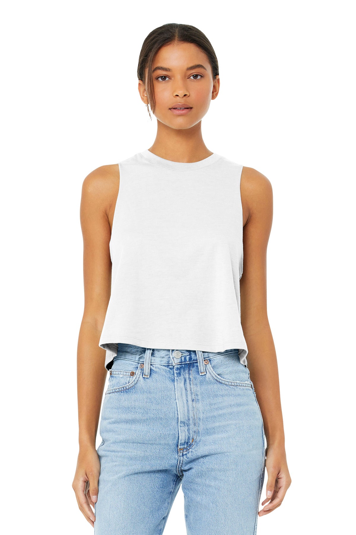 Custom Solid White Blend Women's Racerback Cropped Tank BC6682, personalized by SanCanDo Swag in Argyle, TX