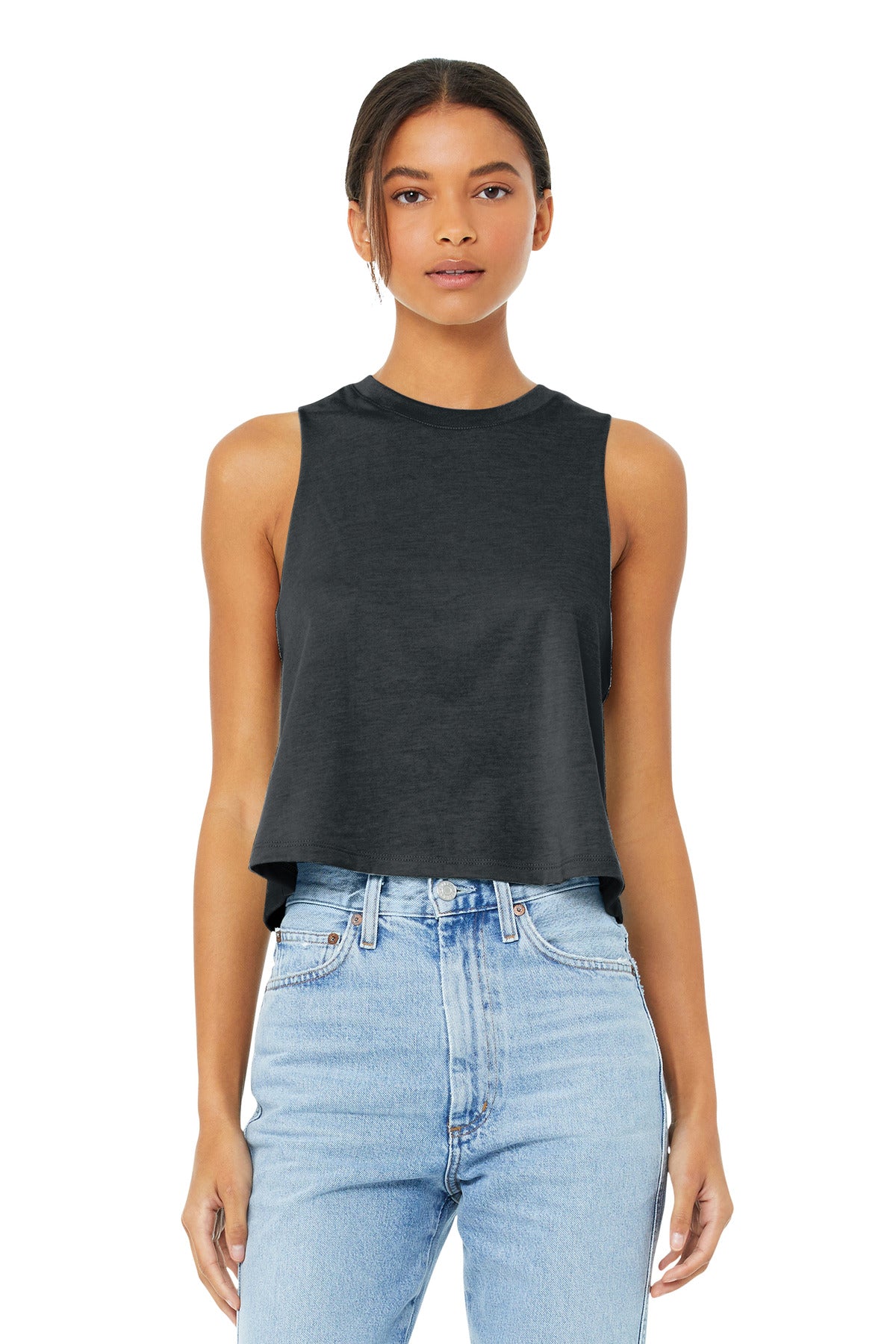 Custom Dark Grey Heather Women's Racerback Cropped Tank BC6682, personalized by SanCanDo Swag in Argyle, TX