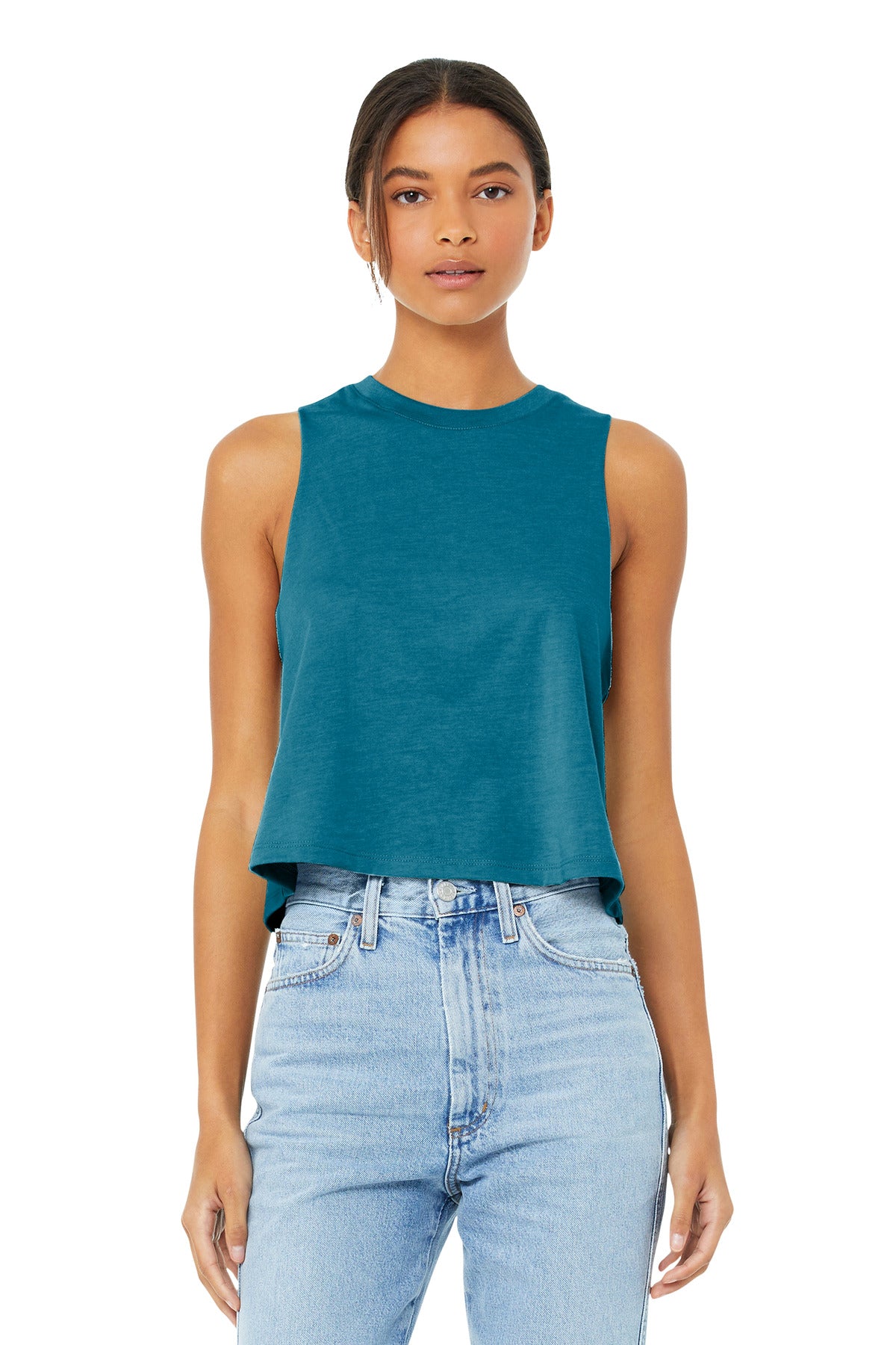 Custom Heather Deep Teal Women's Racerback Cropped Tank BC6682, personalized by SanCanDo Swag in Argyle, TX