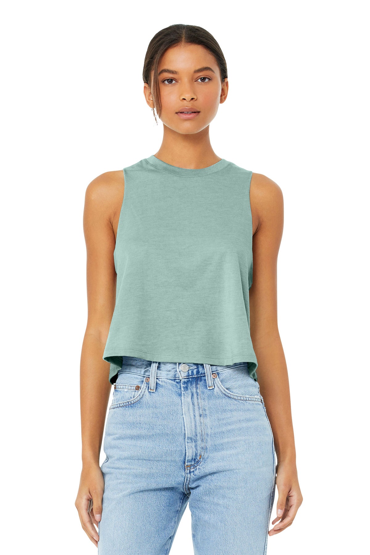 Custom Heather Dusty Blue Women's Racerback Cropped Tank BC6682, personalized by SanCanDo Swag in Argyle, TX