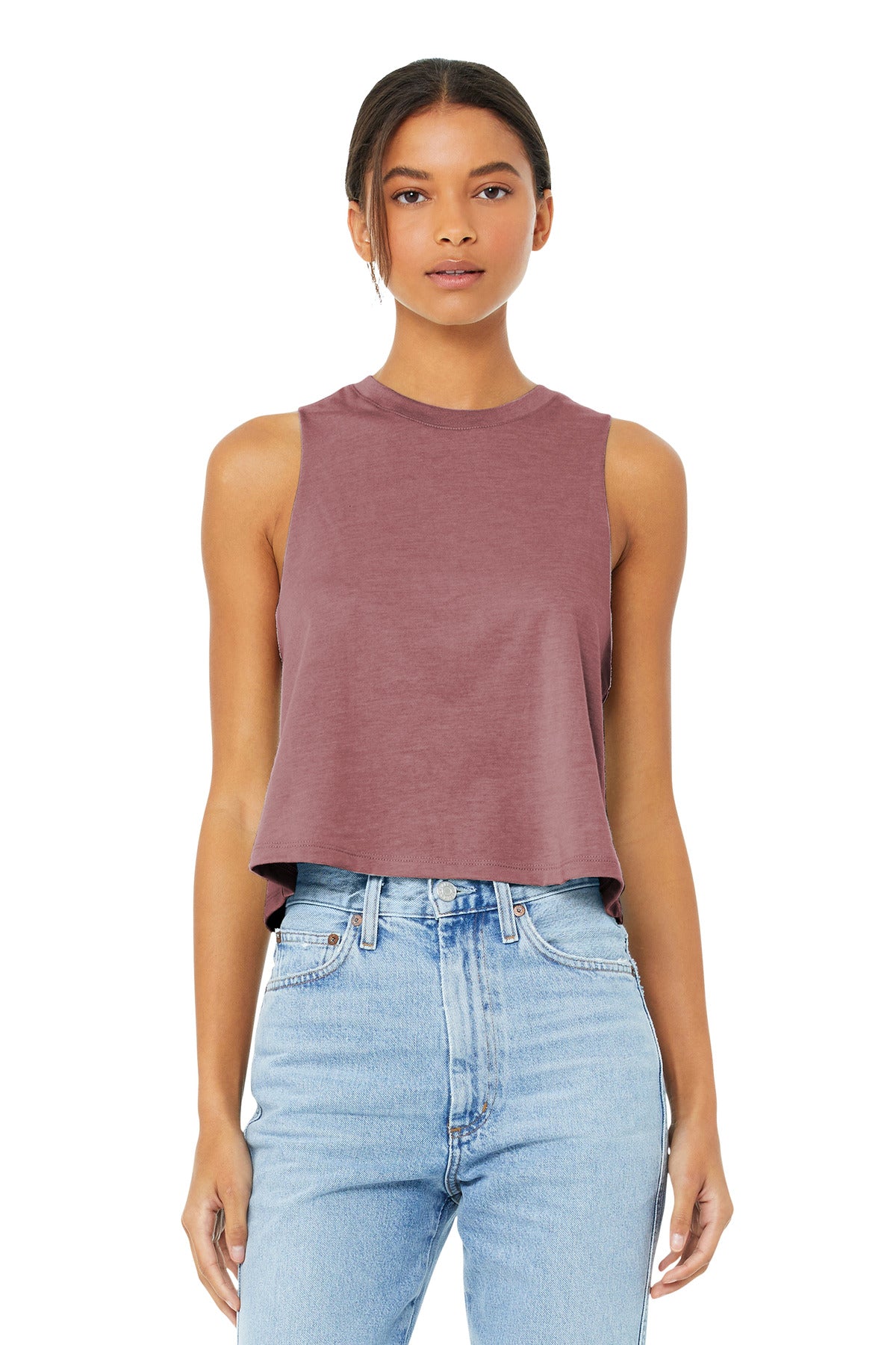 Custom Heather Mauve Women's Racerback Cropped Tank BC6682, personalized by SanCanDo Swag in Argyle, TX