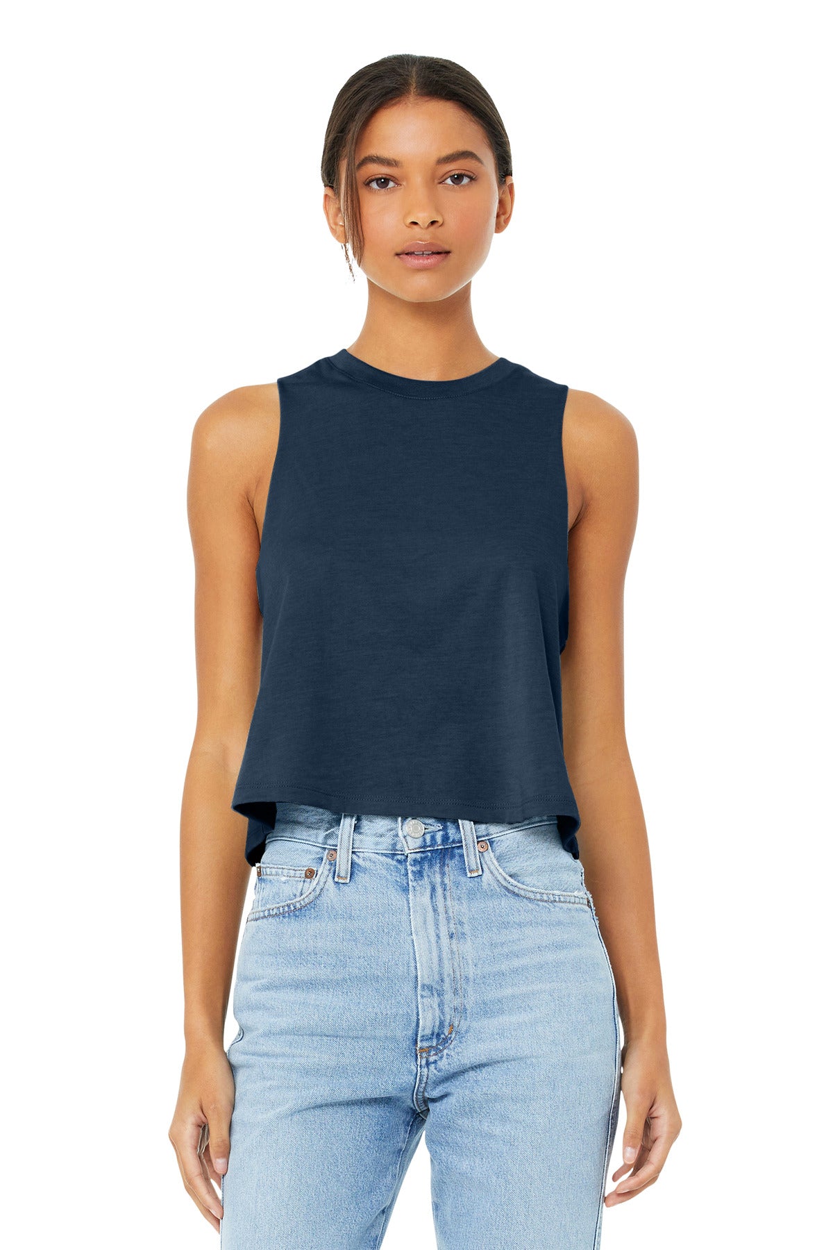 Custom Heather Navy Women's Racerback Cropped Tank BC6682, personalized by SanCanDo Swag in Argyle, TX