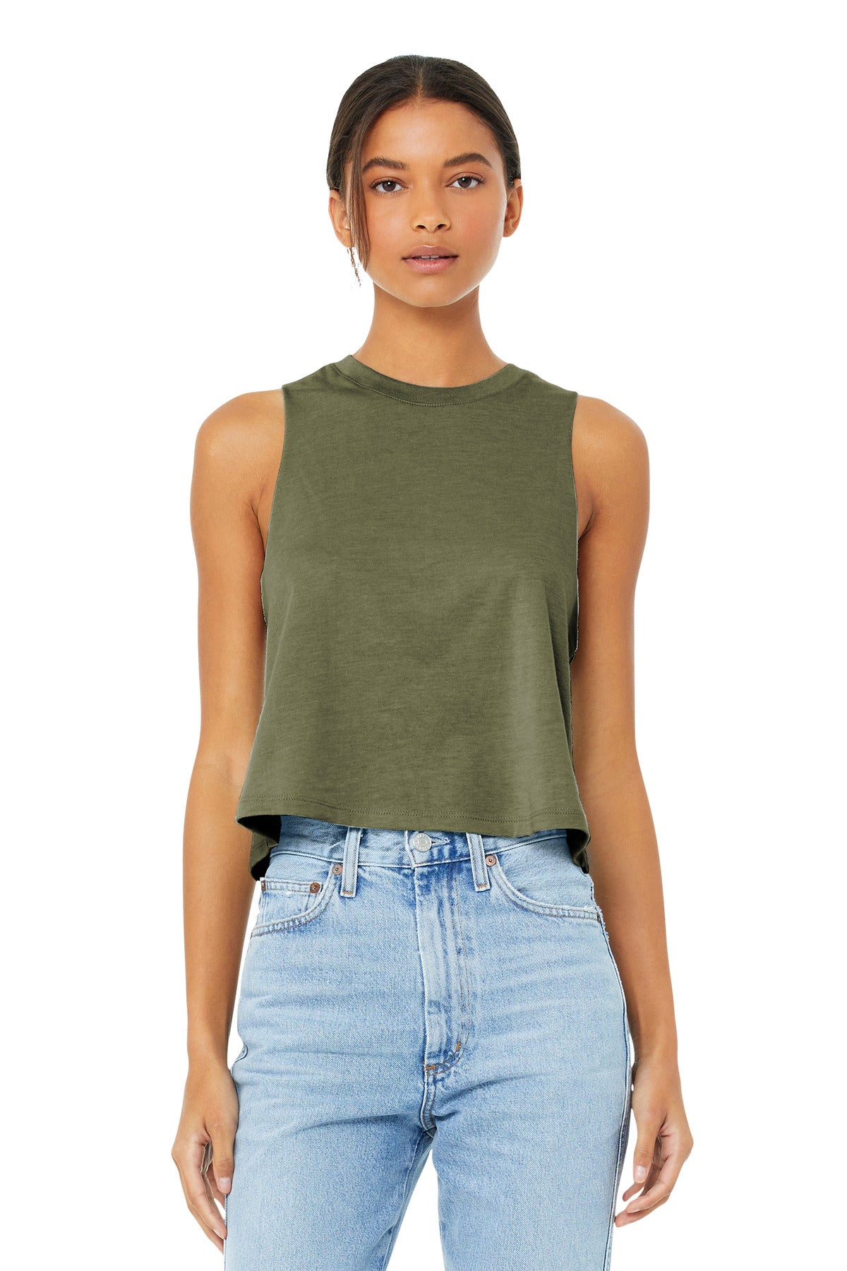 Custom Heather Olive Women's Racerback Cropped Tank BC6682, personalized by SanCanDo Swag in Argyle, TX