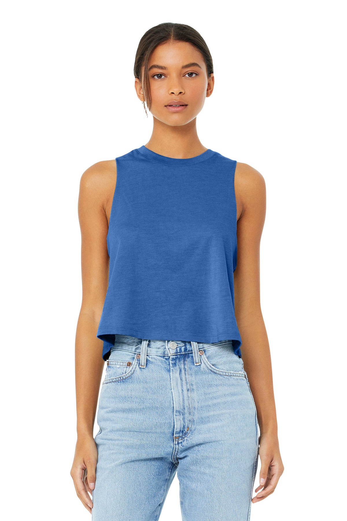 Custom Heather True Royal Women's Racerback Cropped Tank BC6682, personalized by SanCanDo Swag in Argyle, TX