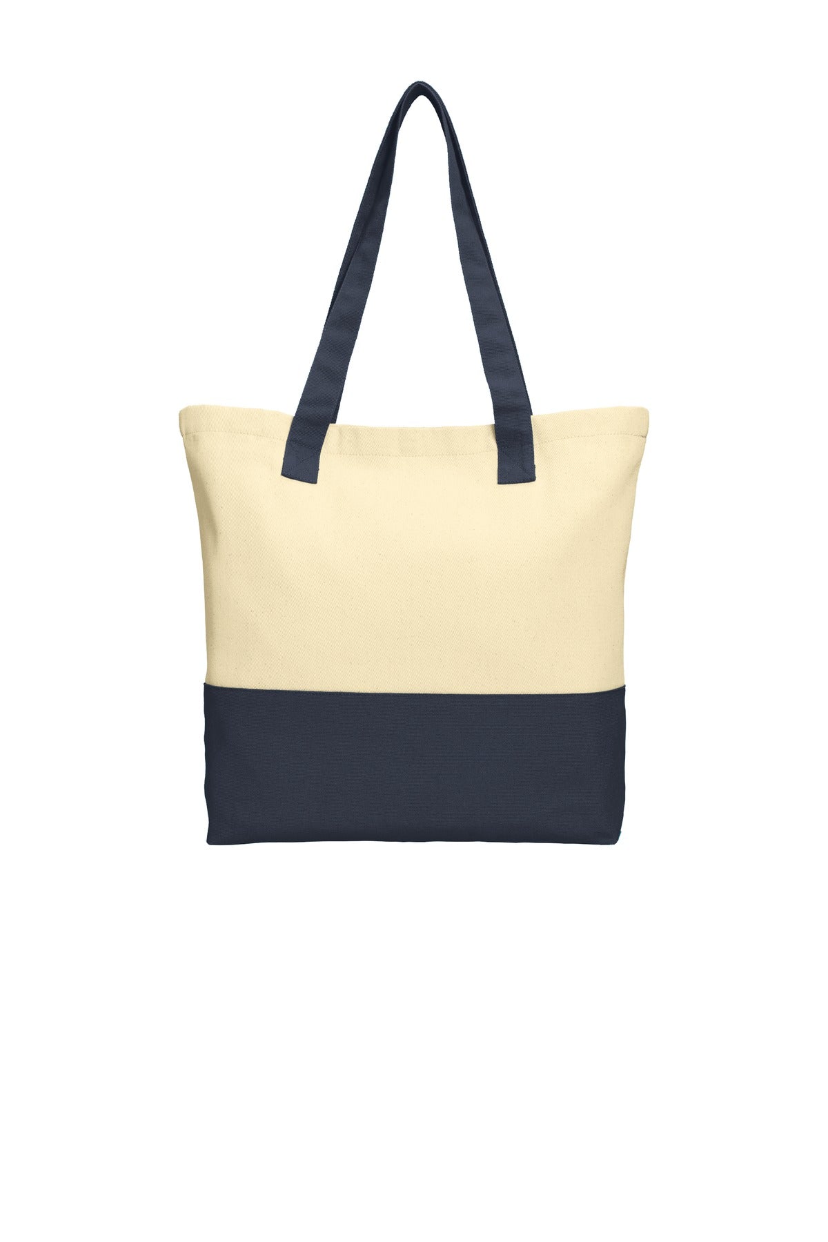Natural/ Navy | Front | Custom Natural/ Navy Colorblock Cotton Tote BG414, personalized by SanCanDo Swag in Argyle, TX