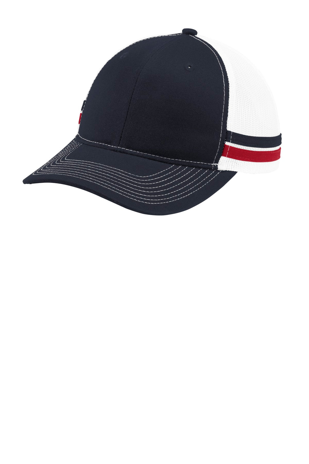 Custom Rich Navy/ Flame Red/ White Two-Stripe Snapback Trucker Cap C113, personalized by SanCanDo Swag in Argyle, TX