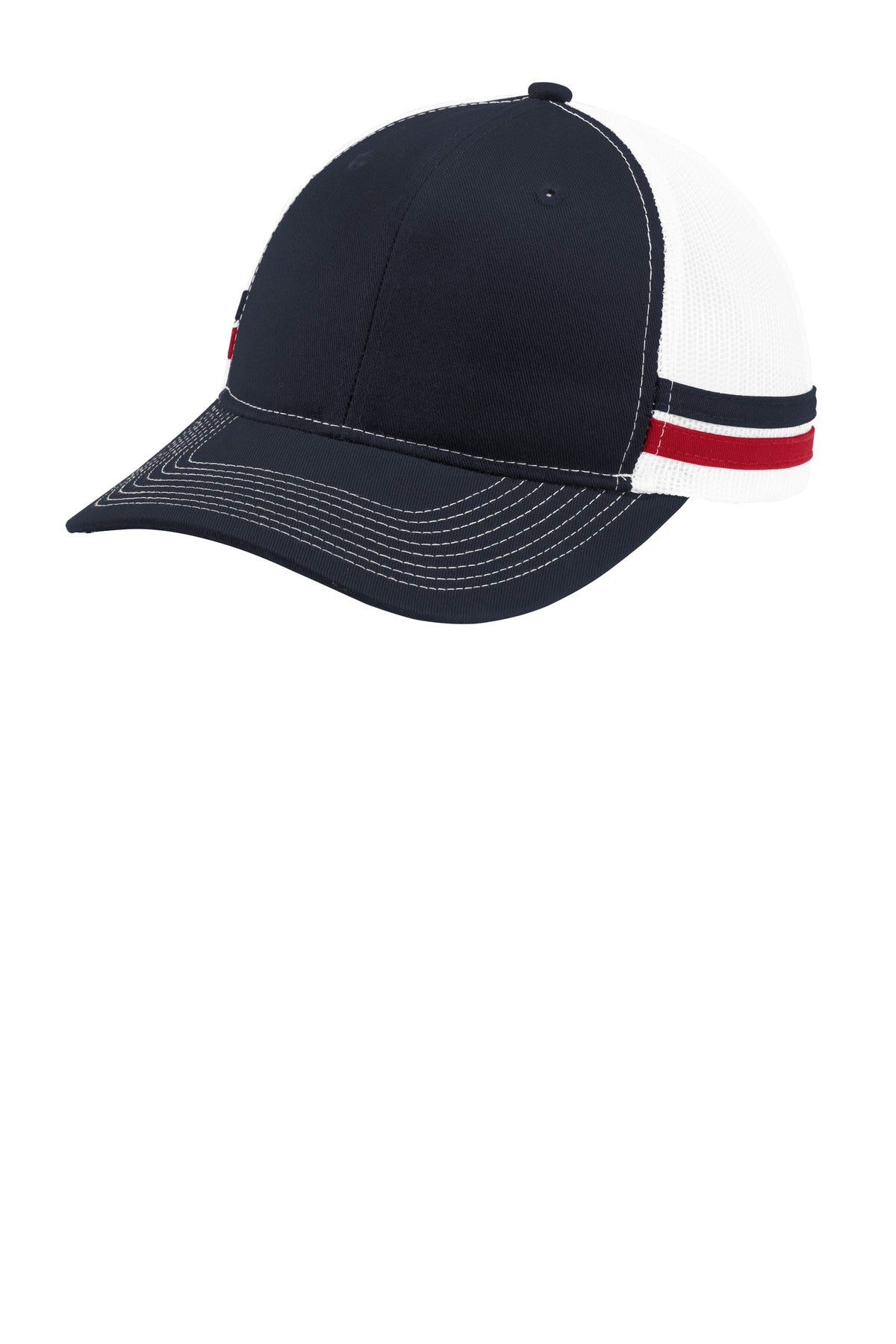 Custom Rich Navy/ Flame Red/ White Two-Stripe Snapback Trucker Cap C113, personalized by SanCanDo Swag in Argyle, TX