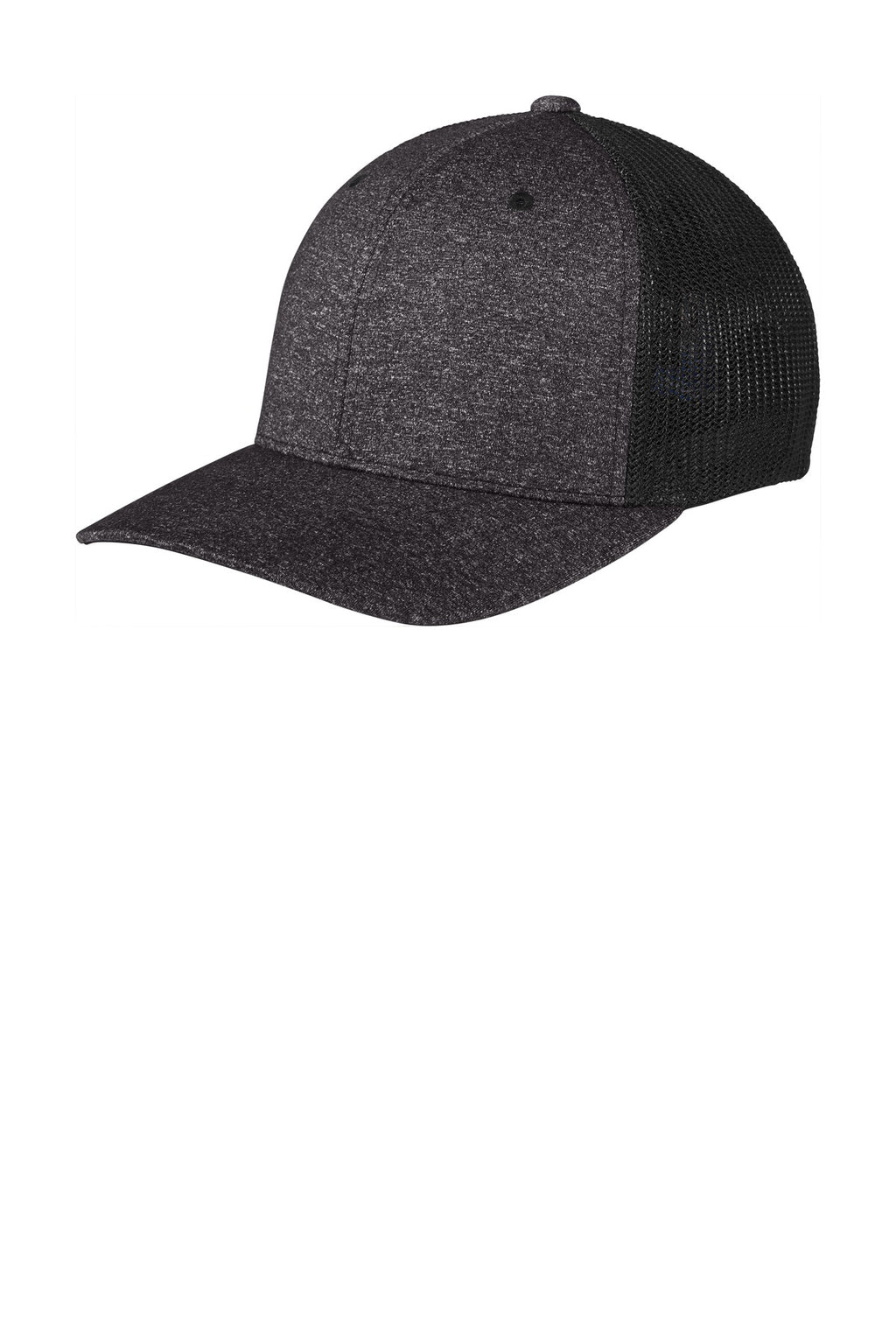Custom Black/ Dark Charcoal Heather Flexfit Melange Mesh Back Trucker Cap C302, personalized by SanCanDo Swag in Argyle, TX