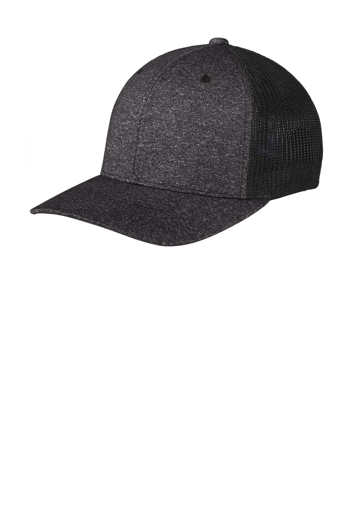 Custom Black/ Dark Charcoal Heather Flexfit Melange Mesh Back Trucker Cap C302, personalized by SanCanDo Swag in Argyle, TX