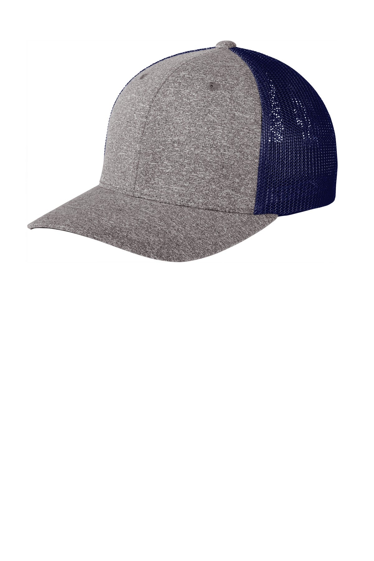 Custom True Navy/ Grey Heather Flexfit Melange Mesh Back Trucker Cap C302, personalized by SanCanDo Swag in Argyle, TX