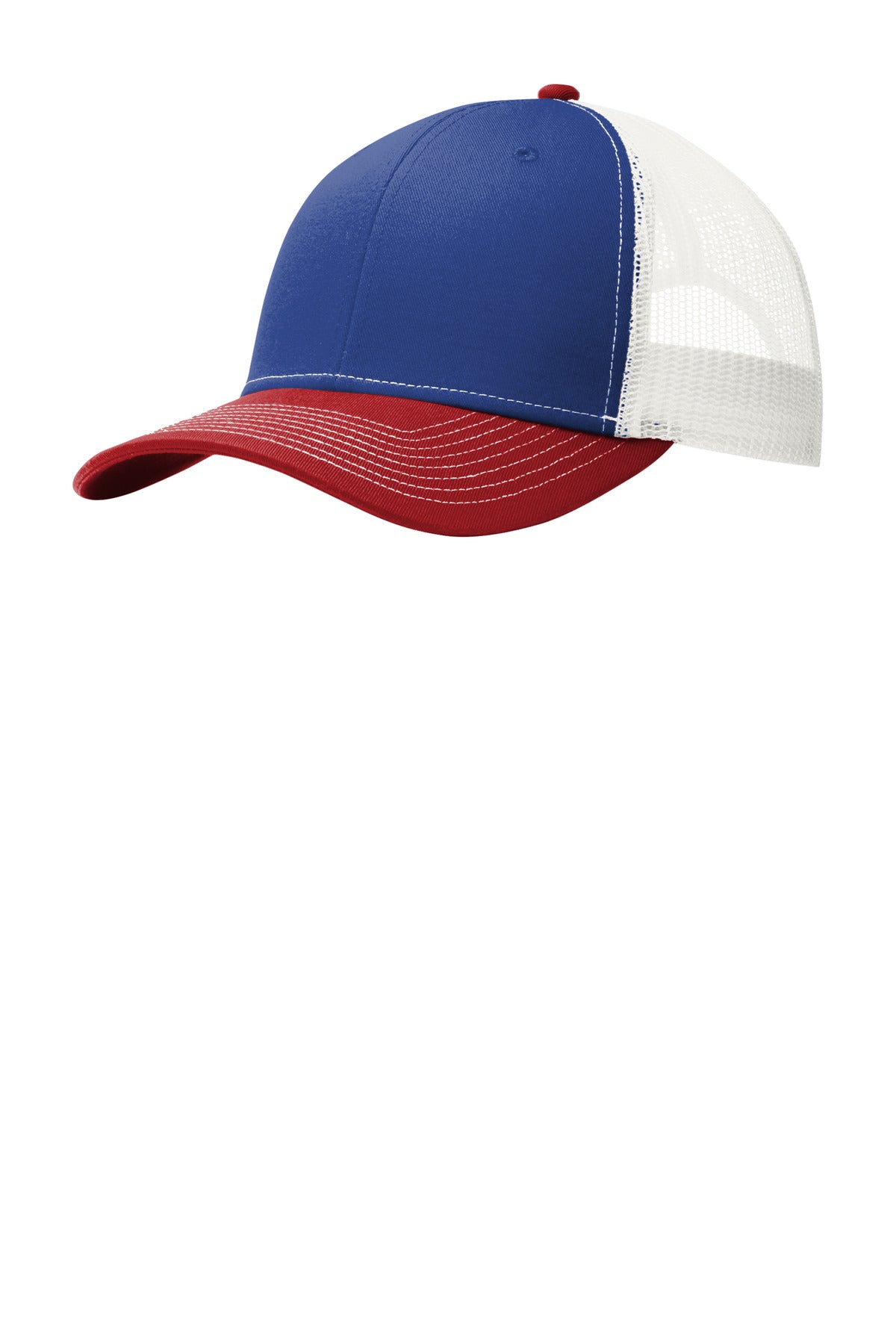 Custom Patriot Blue/ Flame Red/ White Snapback Trucker Cap C402, personalized by SanCanDo Swag in Argyle, TX