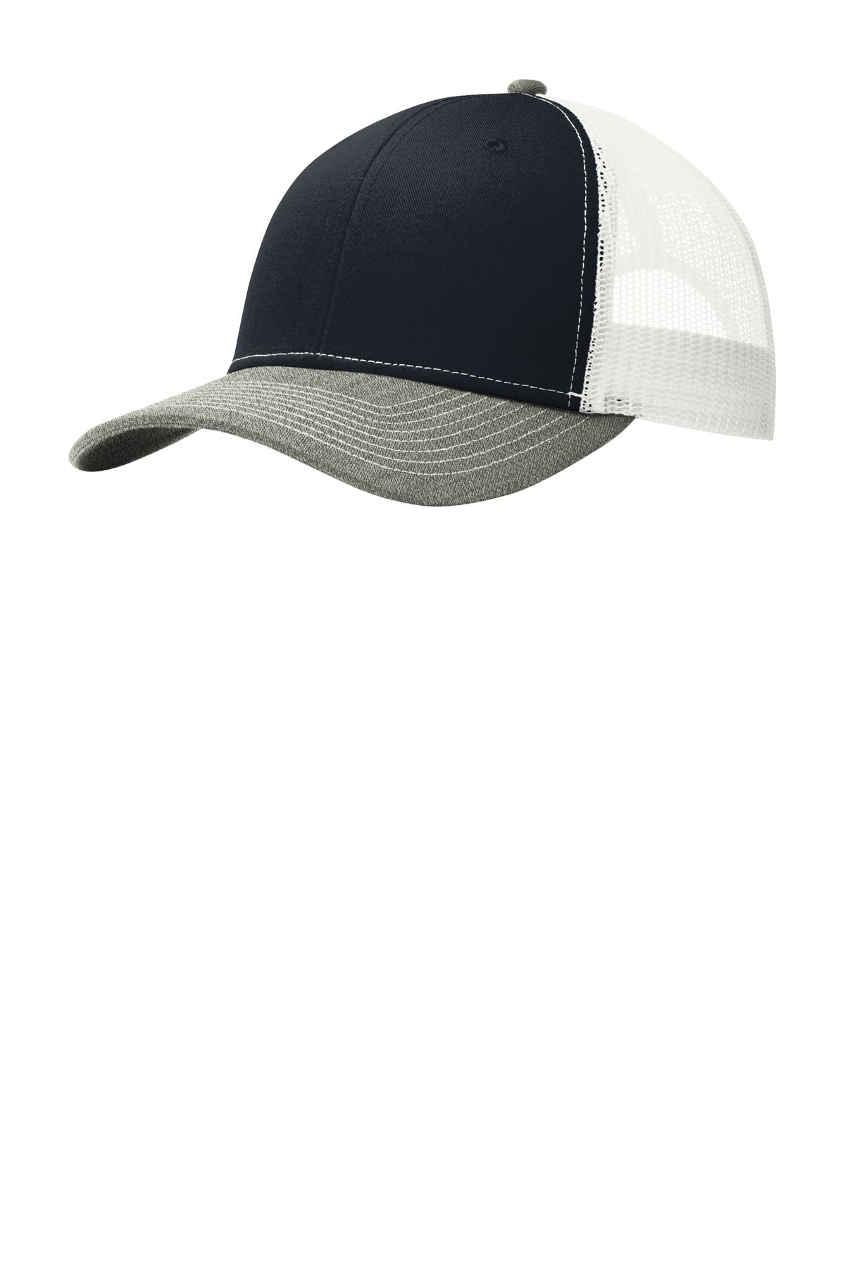 Custom Rich Navy/ Heather Grey/ White Snapback Trucker Cap C402, personalized by SanCanDo Swag in Argyle, TX