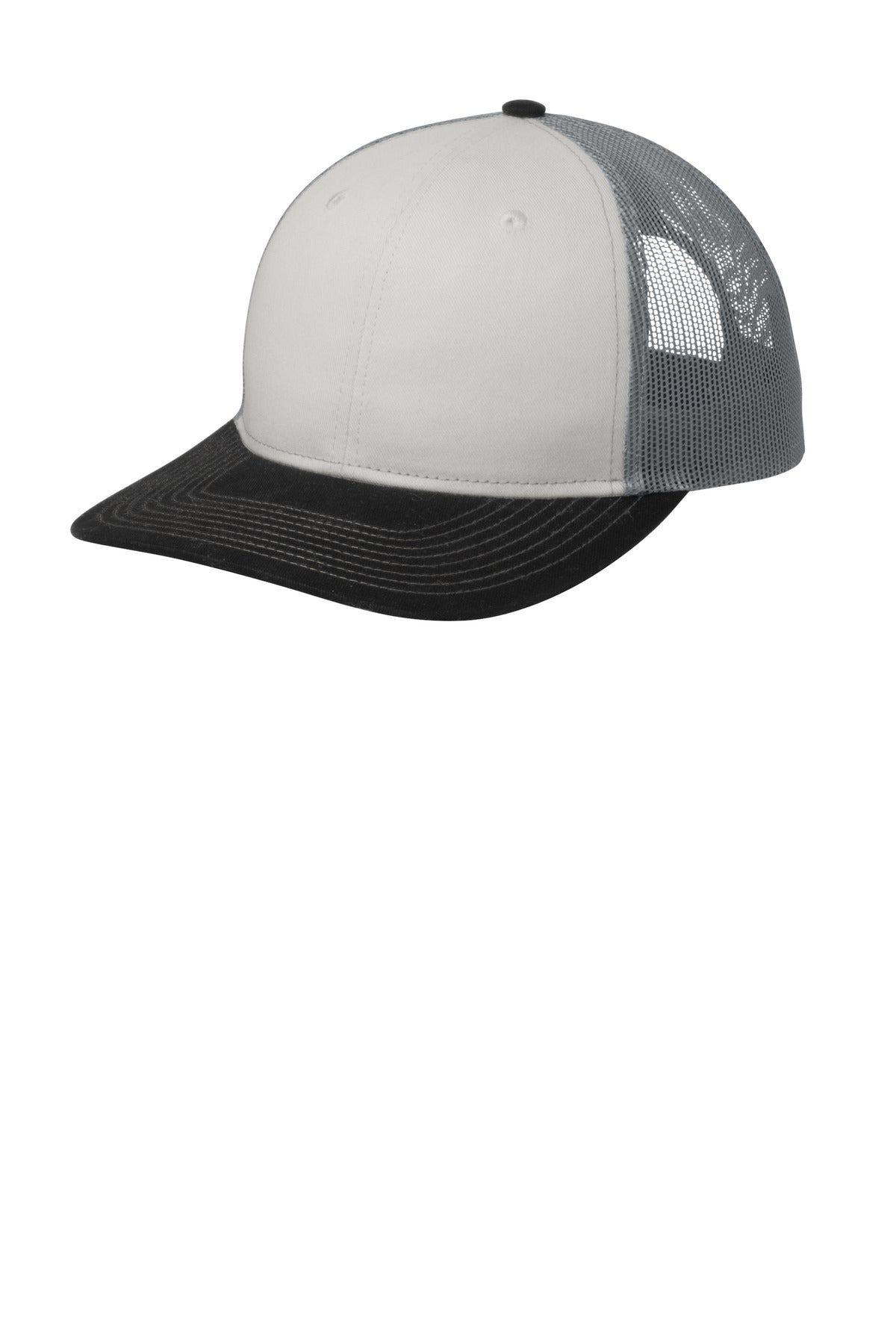 Custom White/ Black/ Gusty Grey Snapback Trucker Cap C402, personalized by SanCanDo Swag in Argyle, TX