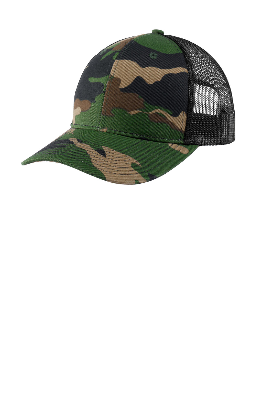 Custom Woodland Camo/ Black Snapback Trucker Cap C402, personalized by SanCanDo Swag in Argyle, TX