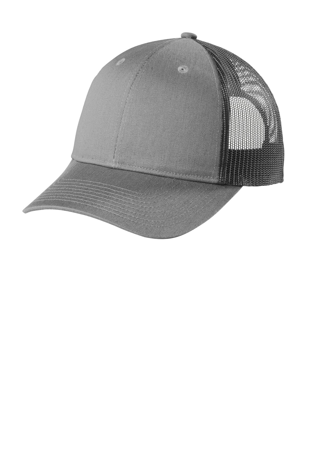 Custom Heather Grey/ Grey Steel Low-Profile Snapback Trucker Cap C402LP, personalized by SanCanDo Swag in Argyle, TX