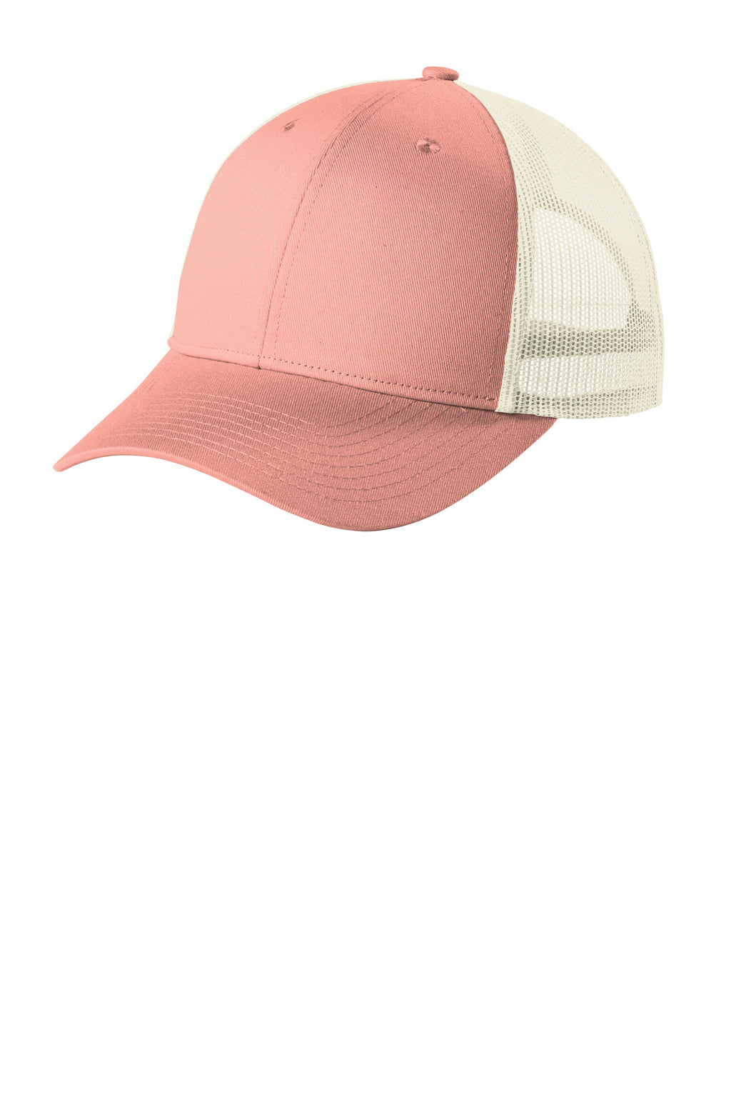 Custom Soft Coral/ Ecru Low-Profile Snapback Trucker Cap C402LP, personalized by SanCanDo Swag in Argyle, TX