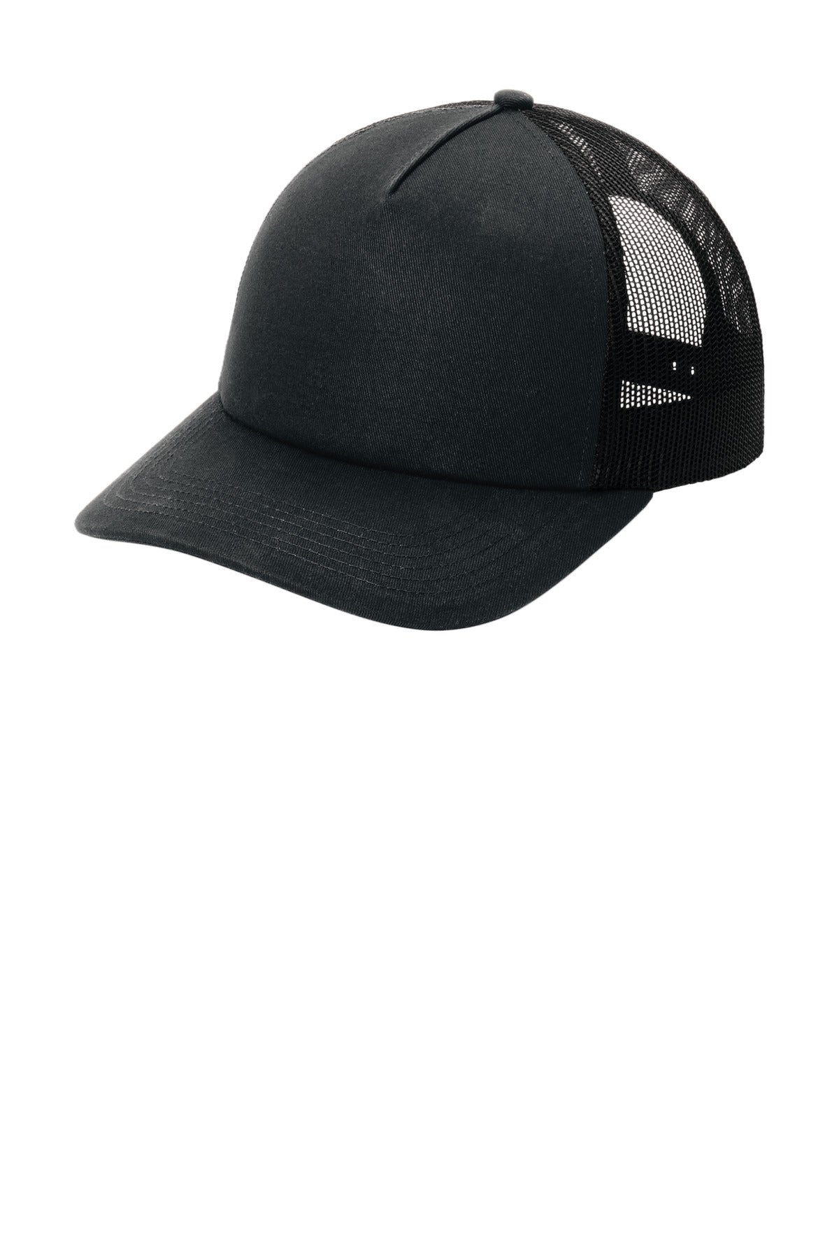 Custom Black/ Black Low-Profile Snapback 5-Panel Trucker Cap C405LP, personalized by SanCanDo Swag in Argyle, TX