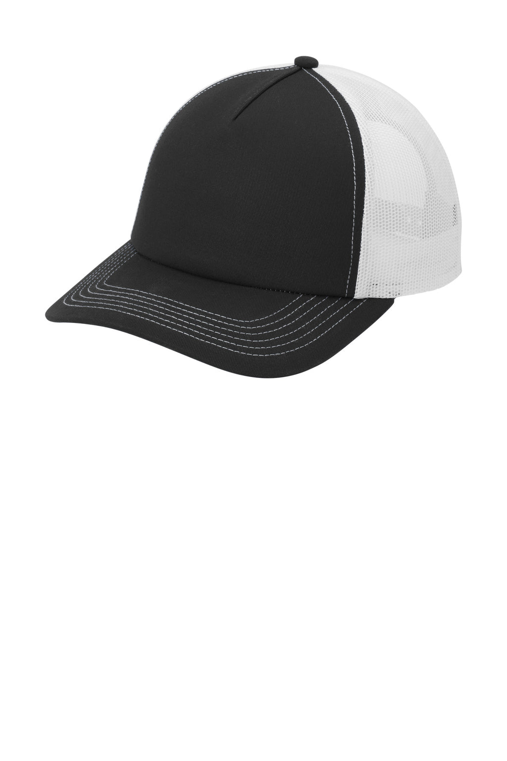 Custom Black/ White Low-Profile Snapback 5-Panel Trucker Cap C405LP, personalized by SanCanDo Swag in Argyle, TX