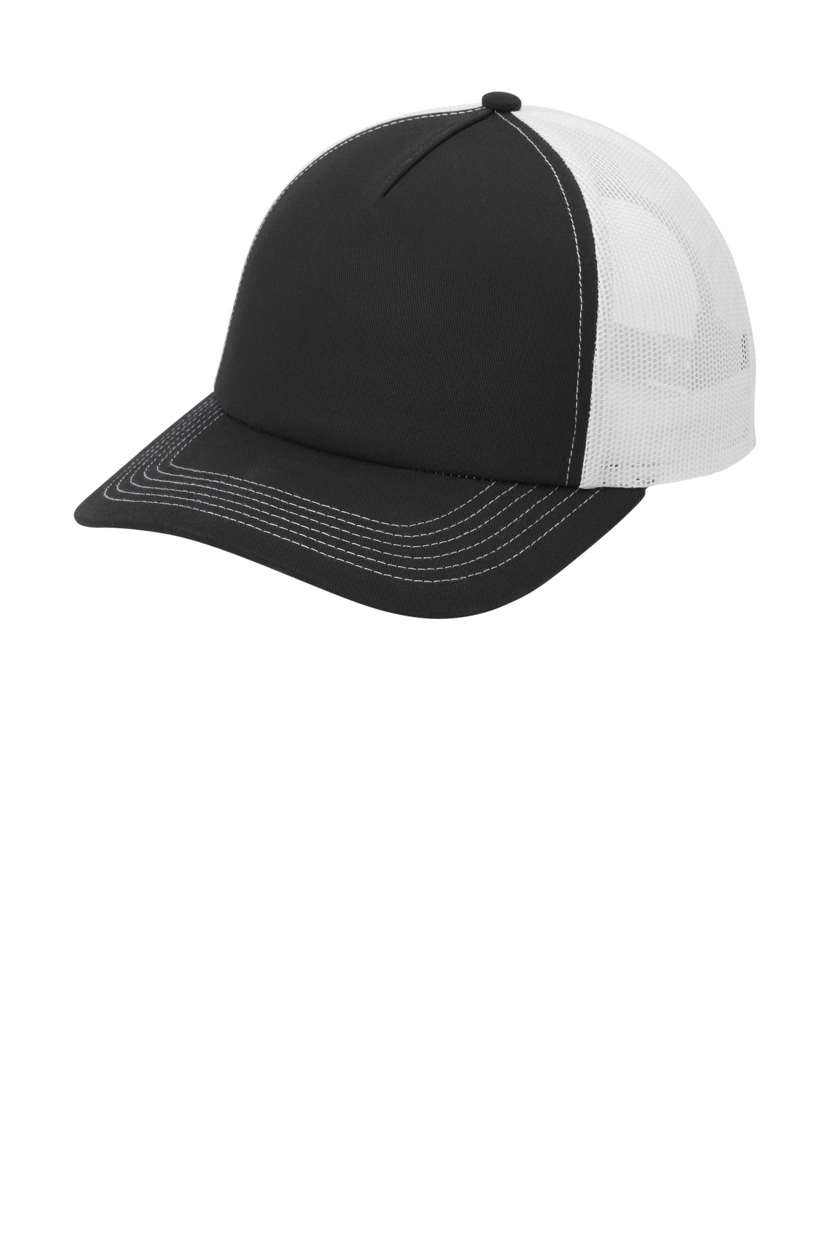 Custom Black/ White Low-Profile Snapback 5-Panel Trucker Cap C405LP, personalized by SanCanDo Swag in Argyle, TX