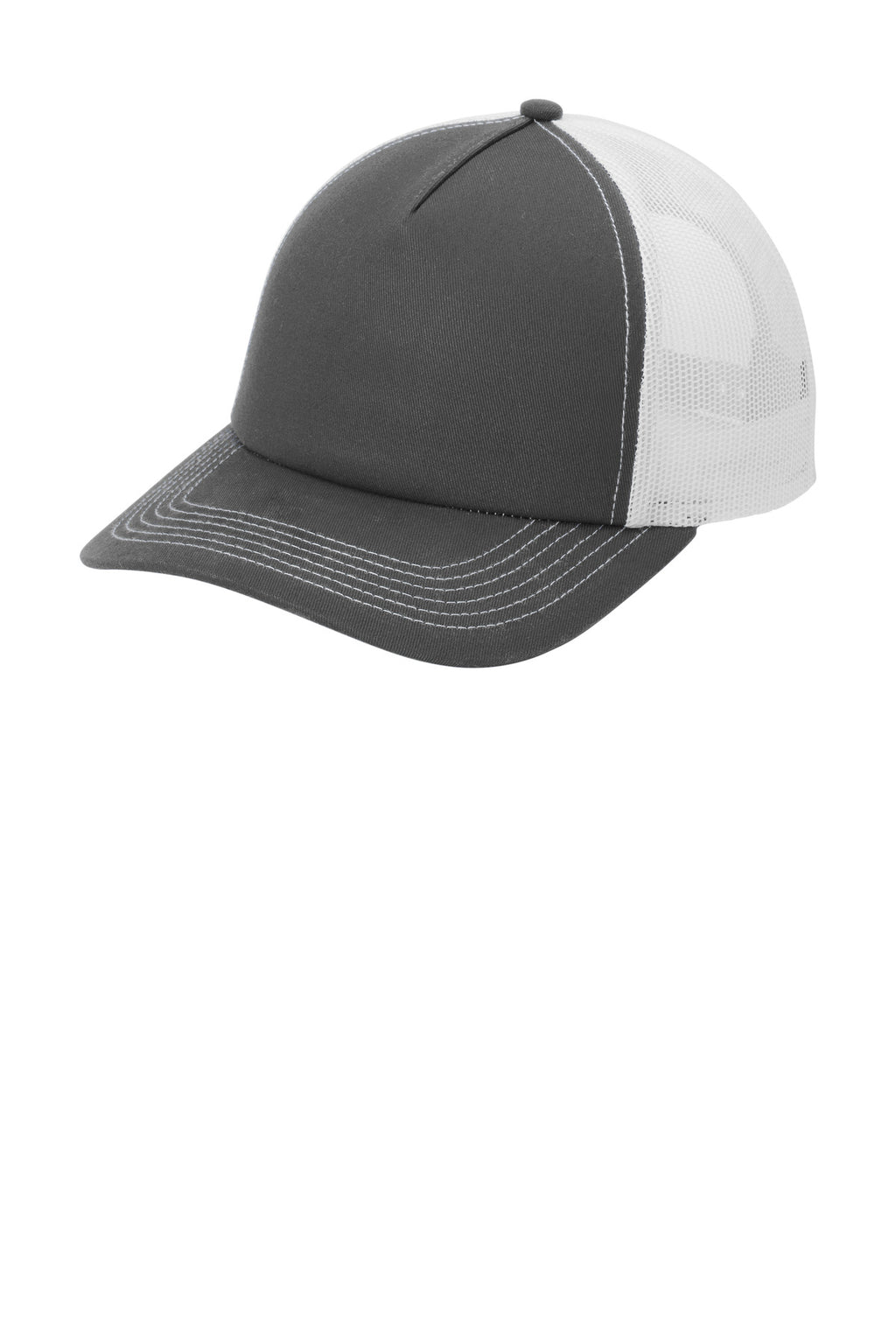 Custom Grey Steel/ White Low-Profile Snapback 5-Panel Trucker Cap C405LP, personalized by SanCanDo Swag in Argyle, TX