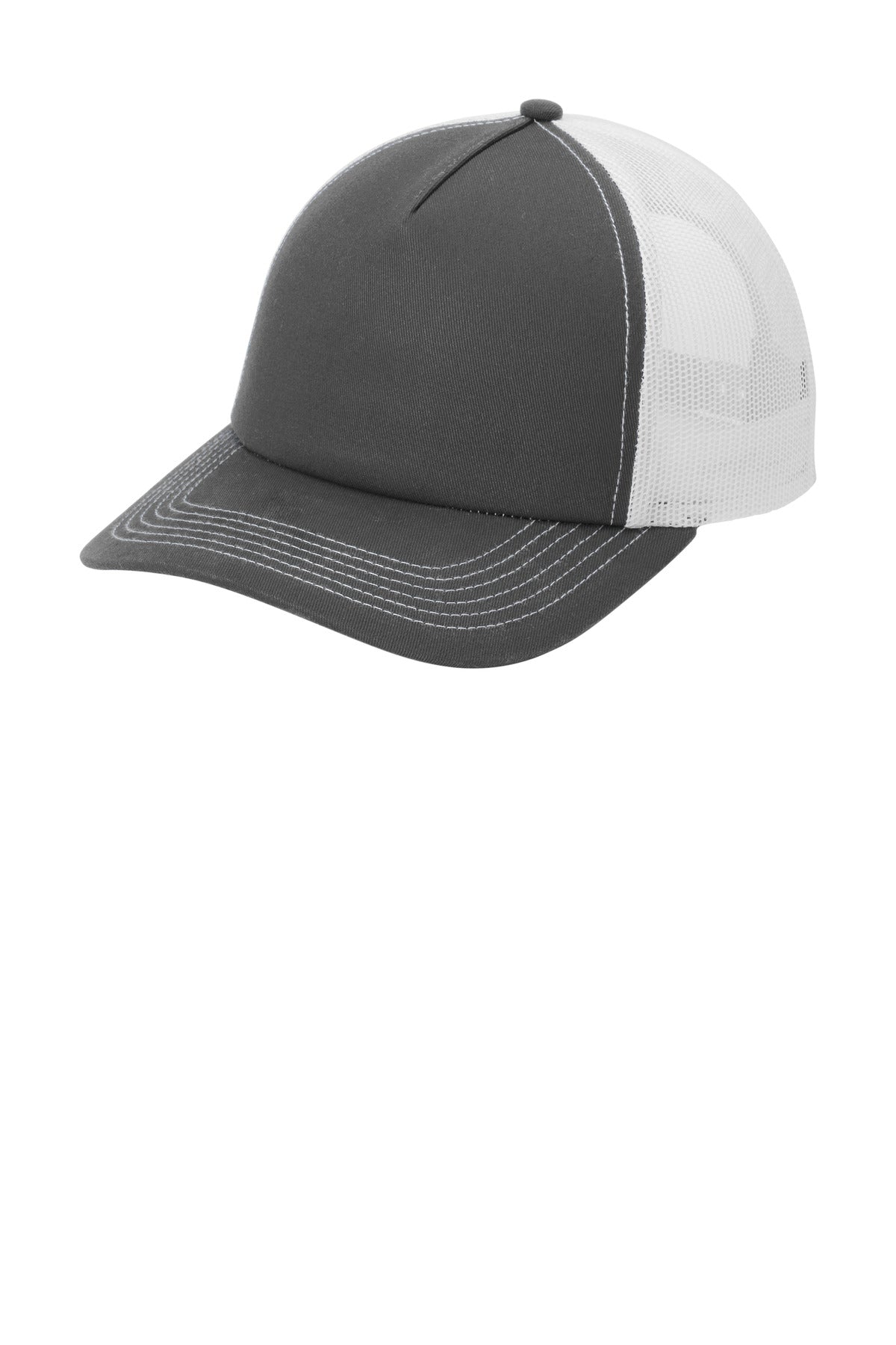 Custom Grey Steel/ White Low-Profile Snapback 5-Panel Trucker Cap C405LP, personalized by SanCanDo Swag in Argyle, TX