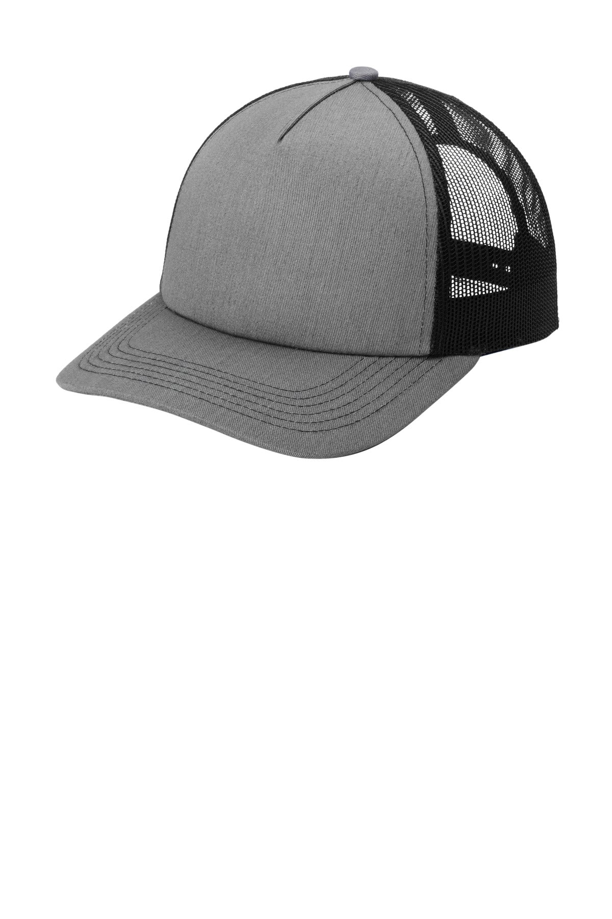 Custom Heather Grey/ Black Low-Profile Snapback 5-Panel Trucker Cap C405LP, personalized by SanCanDo Swag in Argyle, TX