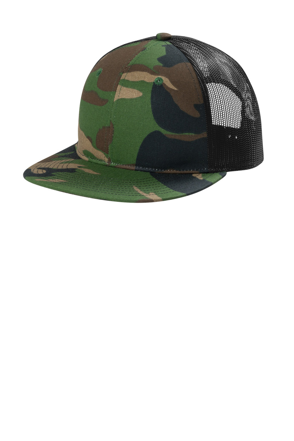 Custom Woodland Camo/ Black Snapback Flat Bill Trucker Cap C407, personalized by SanCanDo Swag in Argyle, TX