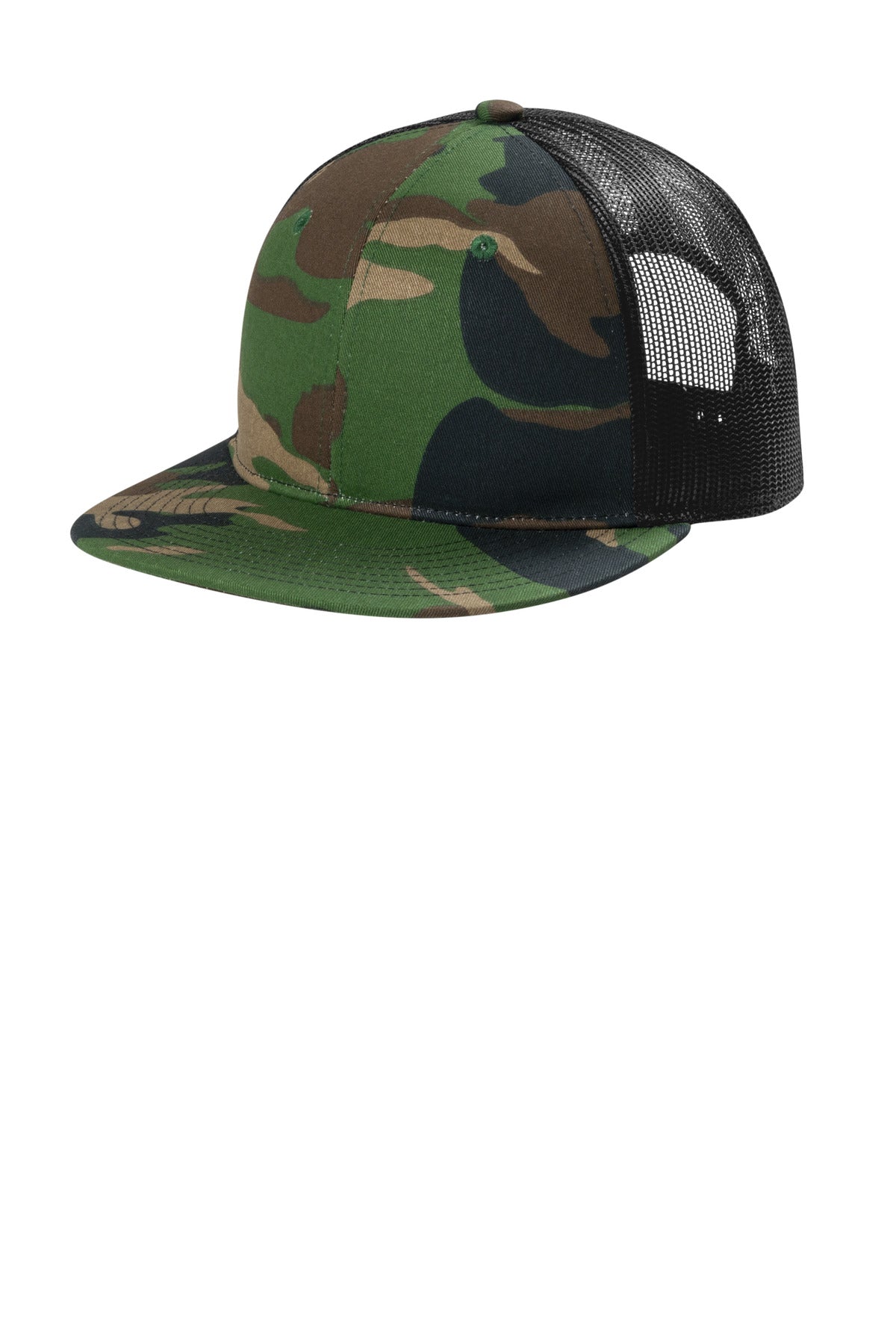 Custom Woodland Camo/ Black Snapback Flat Bill Trucker Cap C407, personalized by SanCanDo Swag in Argyle, TX