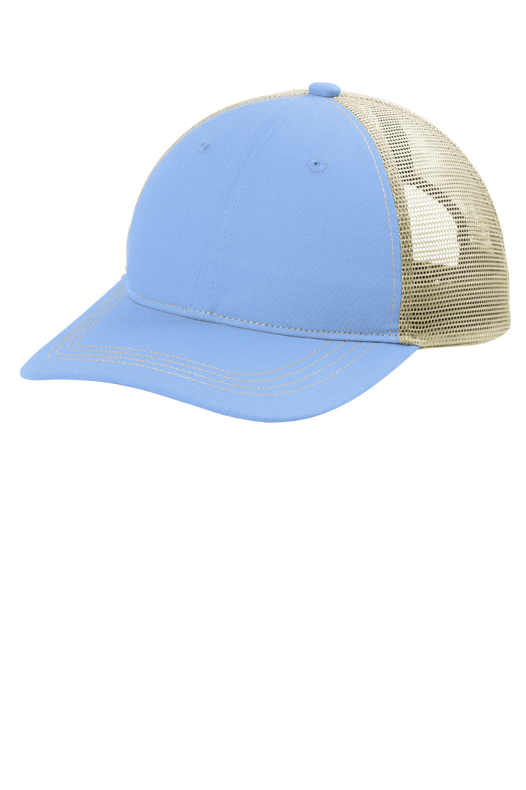 Custom Carolina Blue/ Tan Unstructured Snapback Trucker Cap C409, personalized by SanCanDo Swag in Argyle, TX