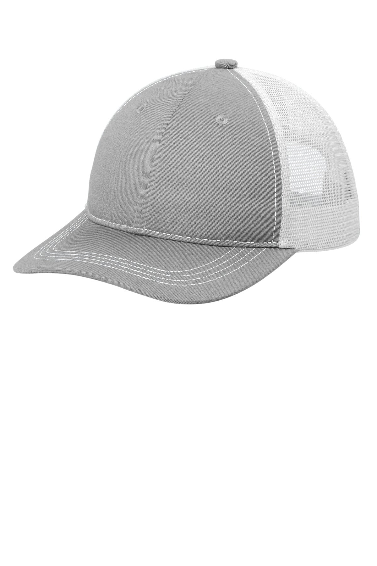 Custom Gusty Grey/ White Unstructured Snapback Trucker Cap C409, personalized by SanCanDo Swag in Argyle, TX