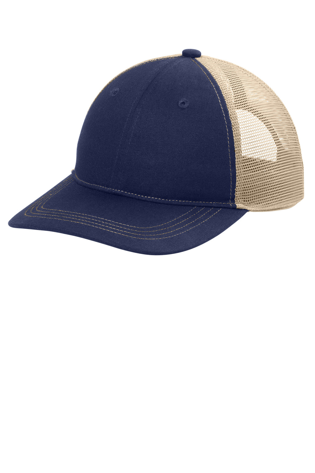 Custom True Navy/ Tan Unstructured Snapback Trucker Cap C409, personalized by SanCanDo Swag in Argyle, TX