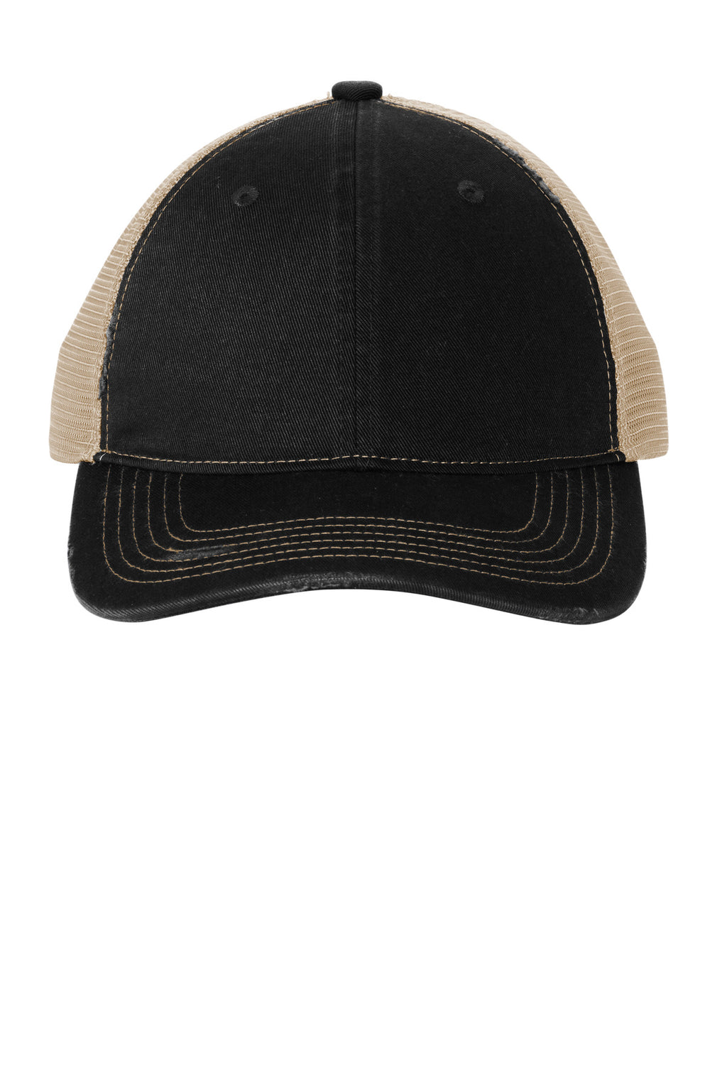 Custom Black/ Khaki Distressed Mesh Back Cap C600, personalized by SanCanDo Swag in Argyle, TX