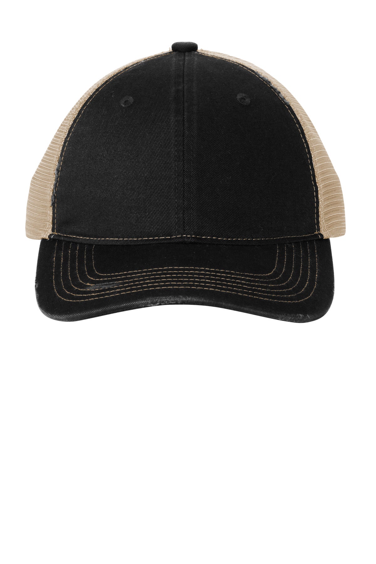 Custom Black/ Khaki Distressed Mesh Back Cap C600, personalized by SanCanDo Swag in Argyle, TX