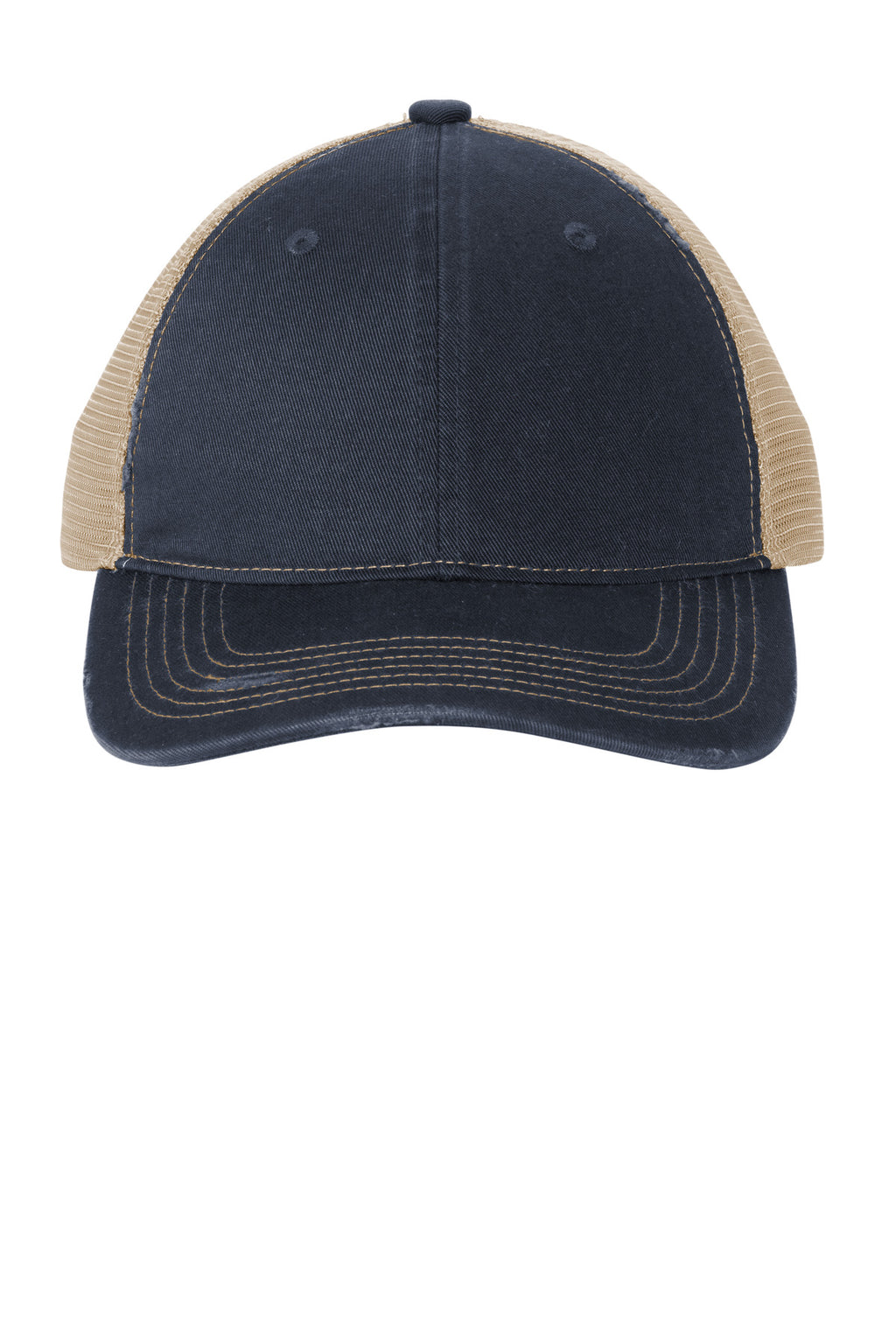 Custom River Blue Navy/ Khaki Distressed Mesh Back Cap C600, personalized by SanCanDo Swag in Argyle, TX
