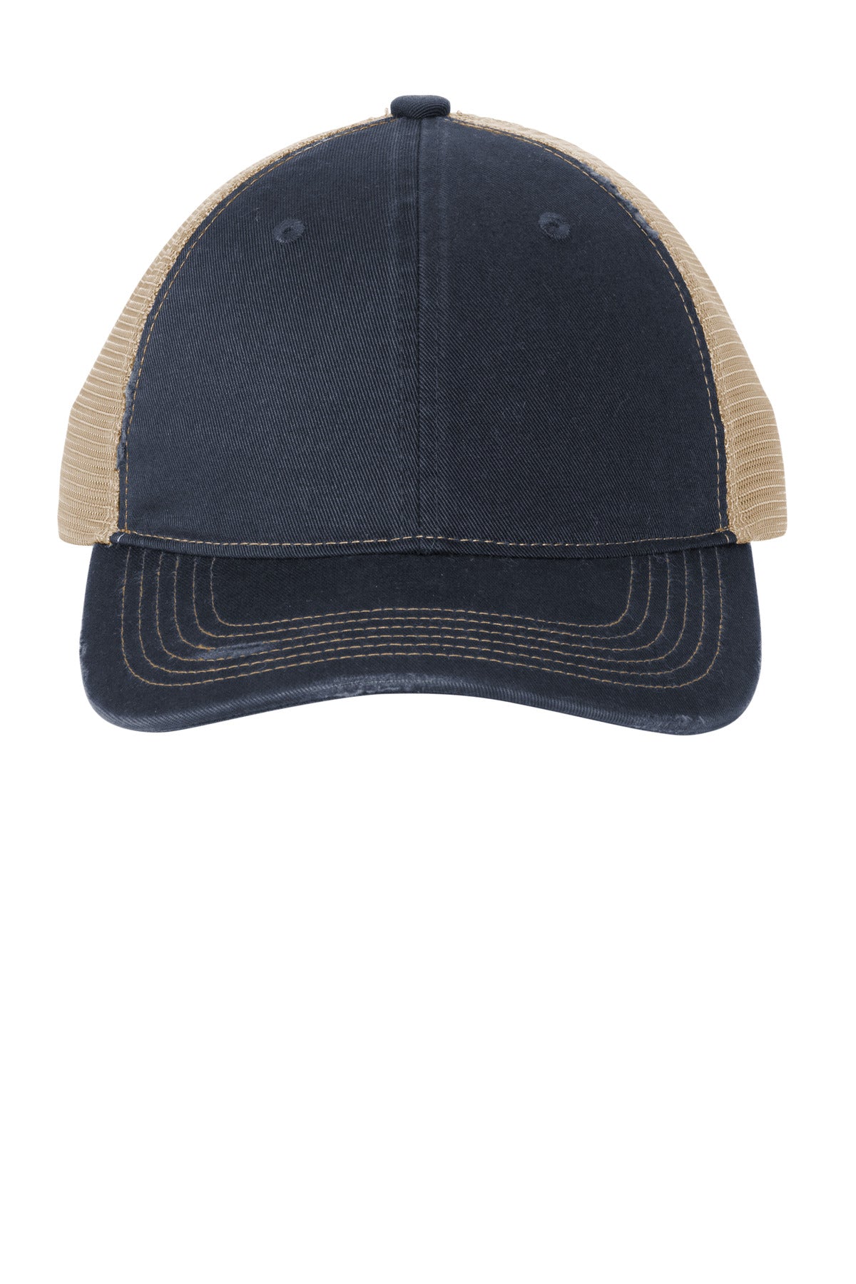 Custom River Blue Navy/ Khaki Distressed Mesh Back Cap C600, personalized by SanCanDo Swag in Argyle, TX