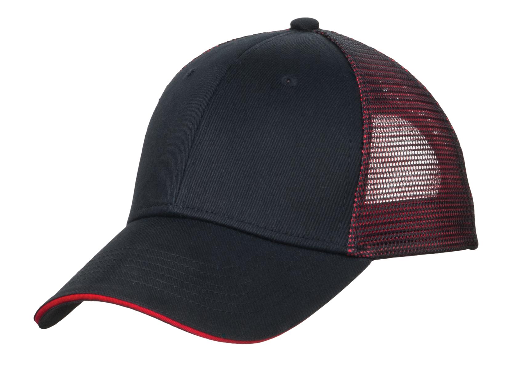 Custom Black/ Red Double Mesh Snapback Sandwich Bill Cap C818, personalized by SanCanDo Swag in Argyle, TX