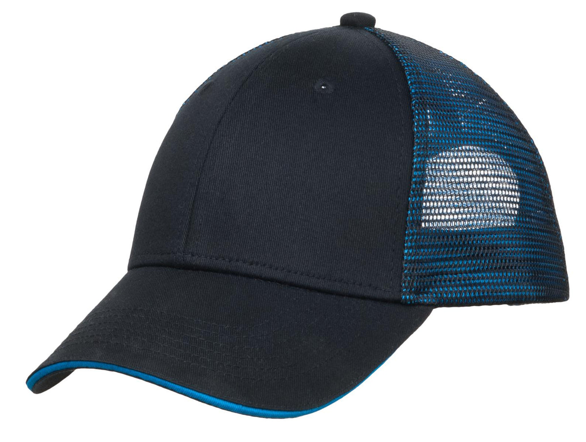 Custom Black/ Shock Blue Double Mesh Snapback Sandwich Bill Cap C818, personalized by SanCanDo Swag in Argyle, TX